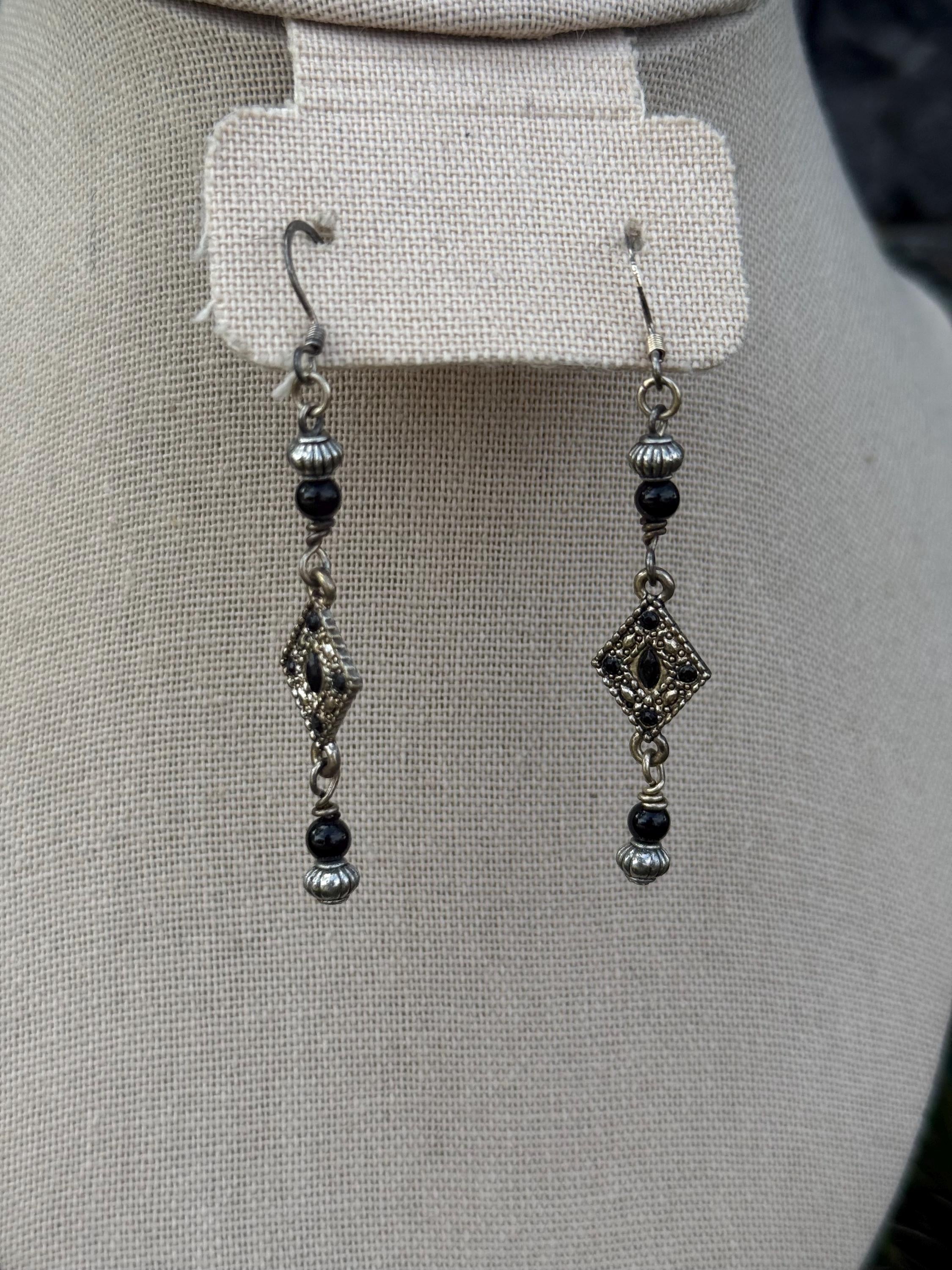 Onyx Knight Dangle Earrings, Black Crystal Beaded Jewelry