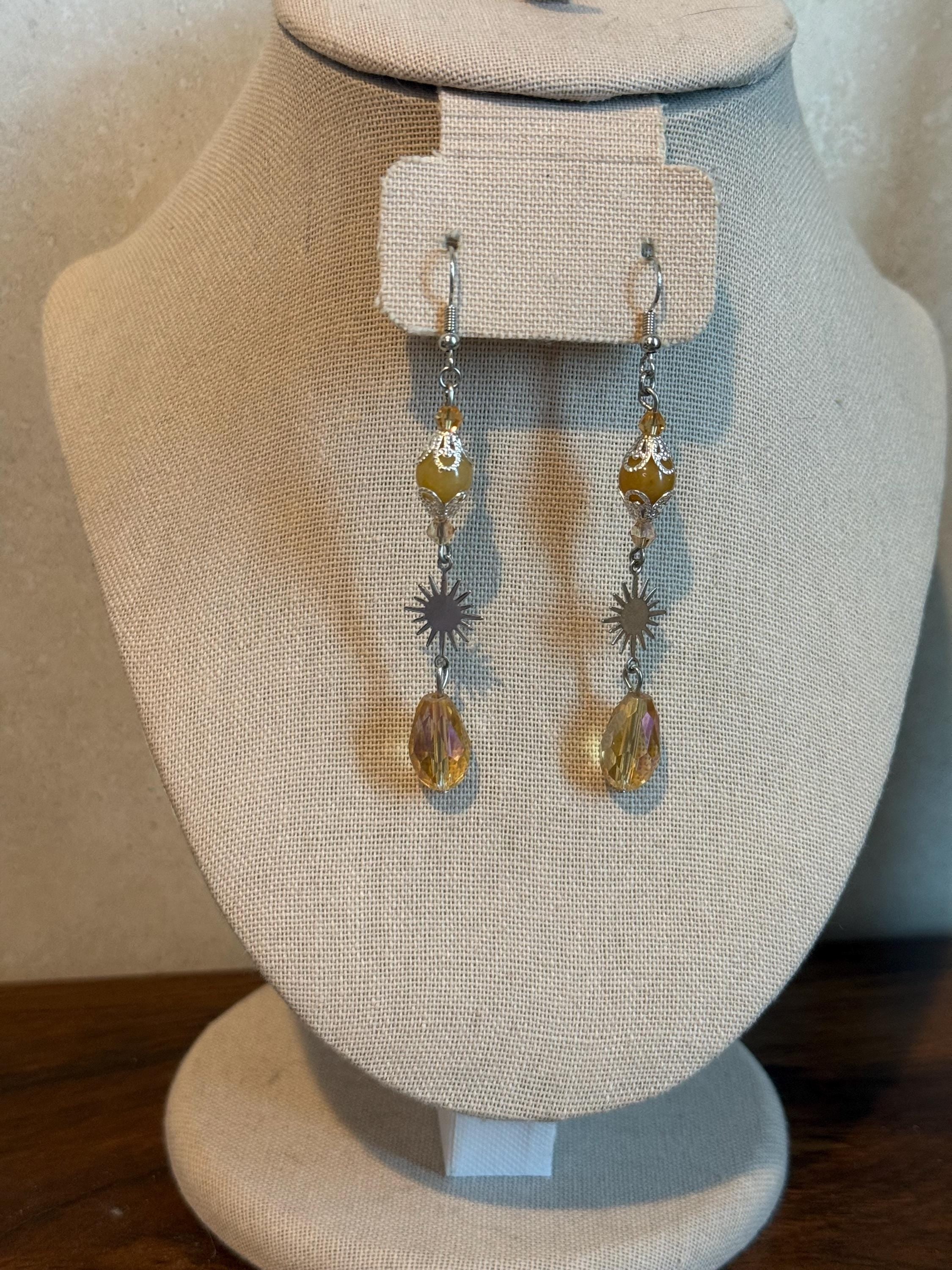 Solar Flare Yellow Jade Crystal Earrings, Dangle Earrings for Casual or Formal Wear