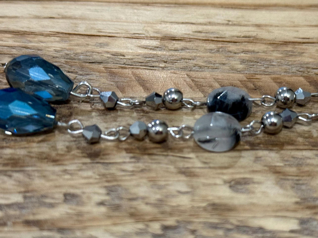 Steely Blue Rutilated Quartz Crystal Eyeglass Charms, Elegant Beaded Accessory for Reading Glasses