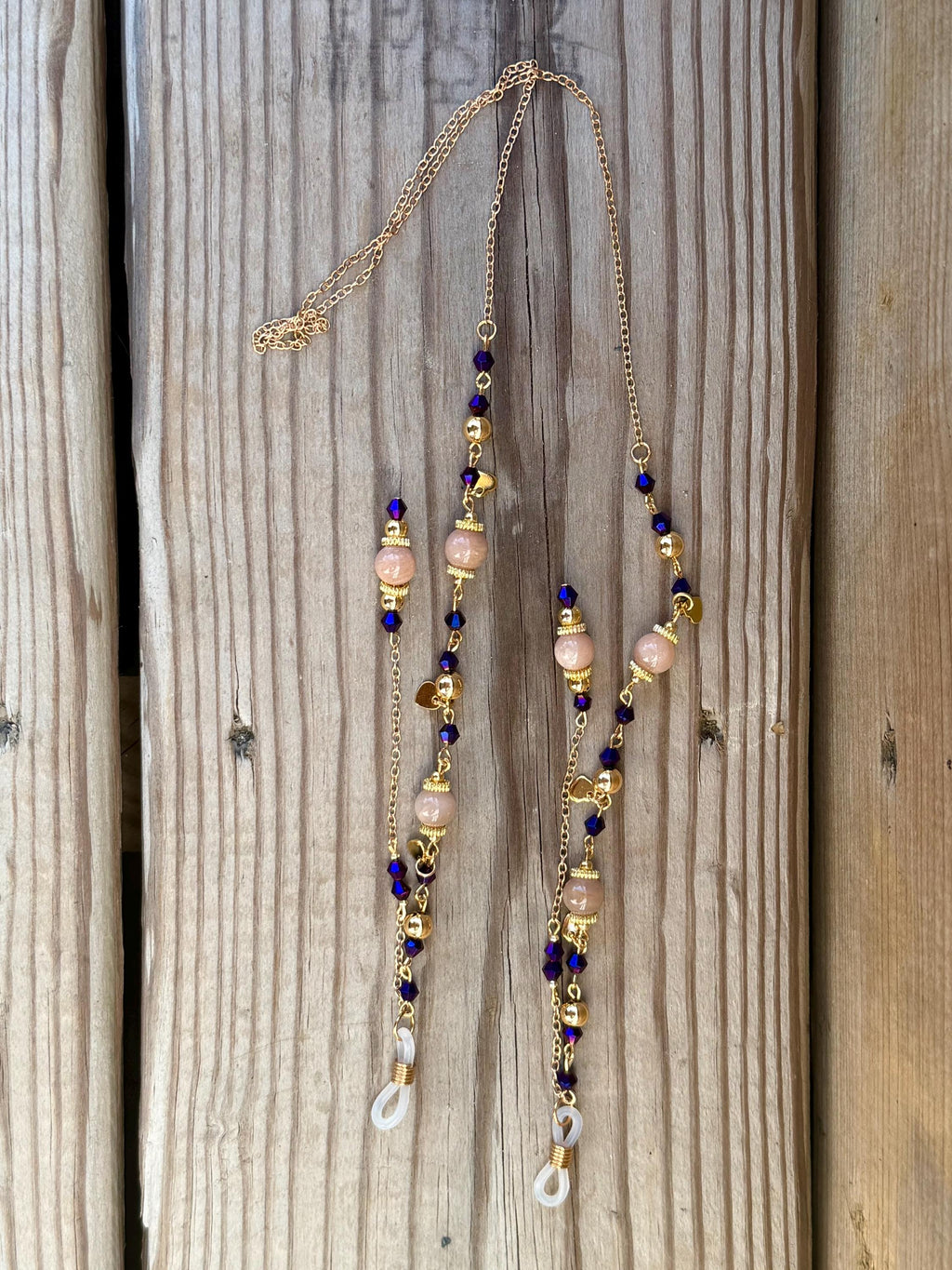 Fluttering Hearts Pink Moonstone Crystal Beaded Eyeglass Chain, Romantic Accessory for Fantasy Lovers