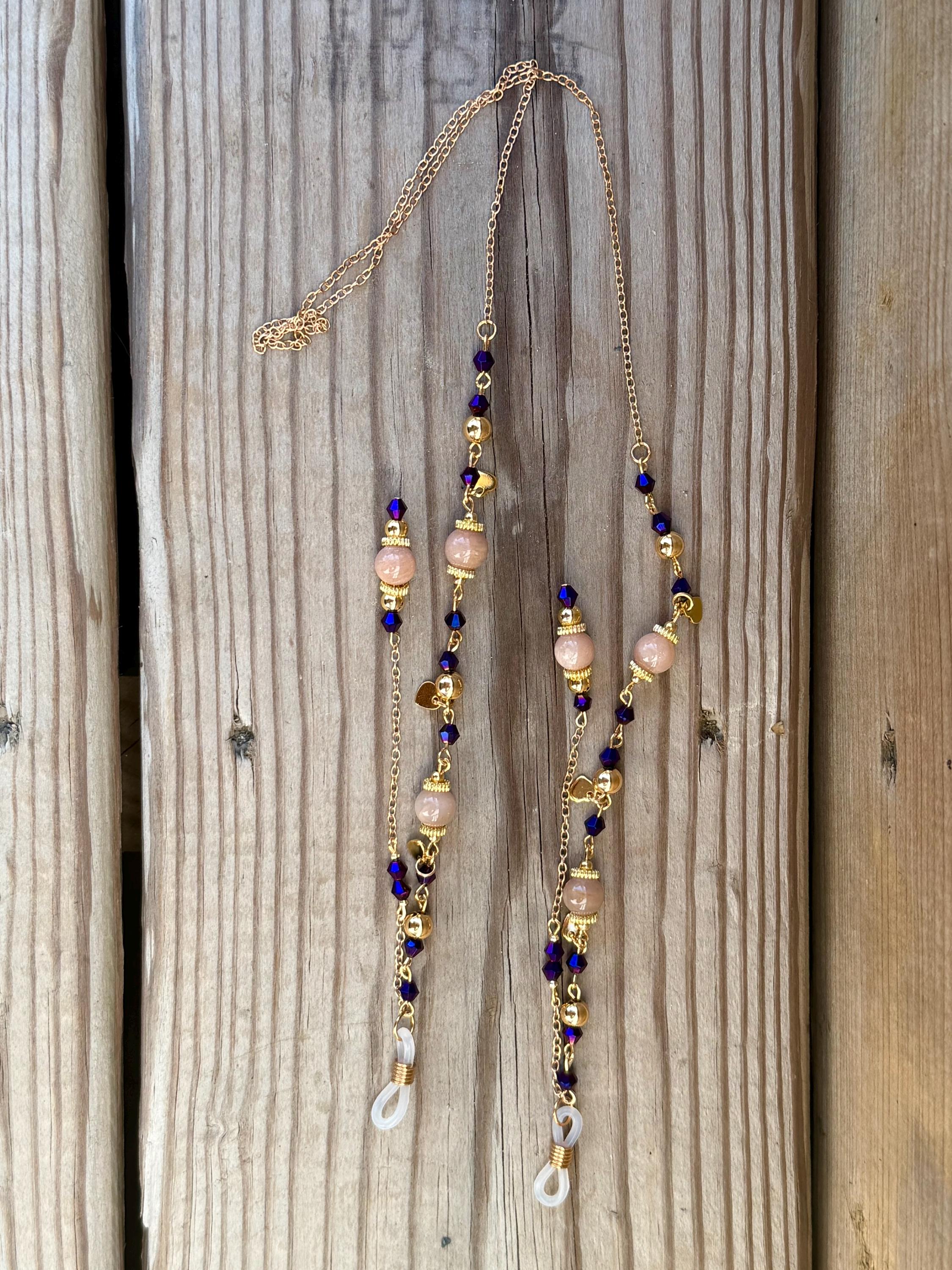 Fluttering Hearts Pink Moonstone Crystal Beaded Eyeglass Chain, Romantic Accessory for Fantasy Lovers