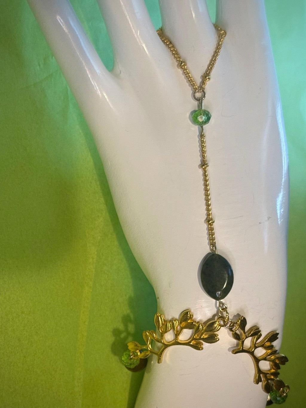 Forest Nymph Tiger Eyes and Serpentine Hand Chain, Mystical Hand Accessory