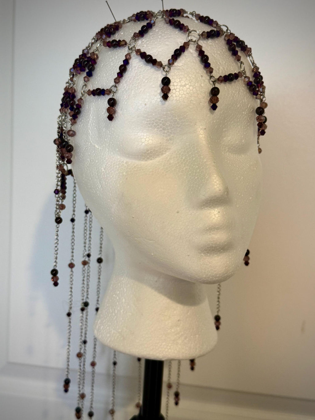 Romantic Fantasy Beaded Garnet Juliet Cap, Handcrafted Jewelry For Elegant Gift