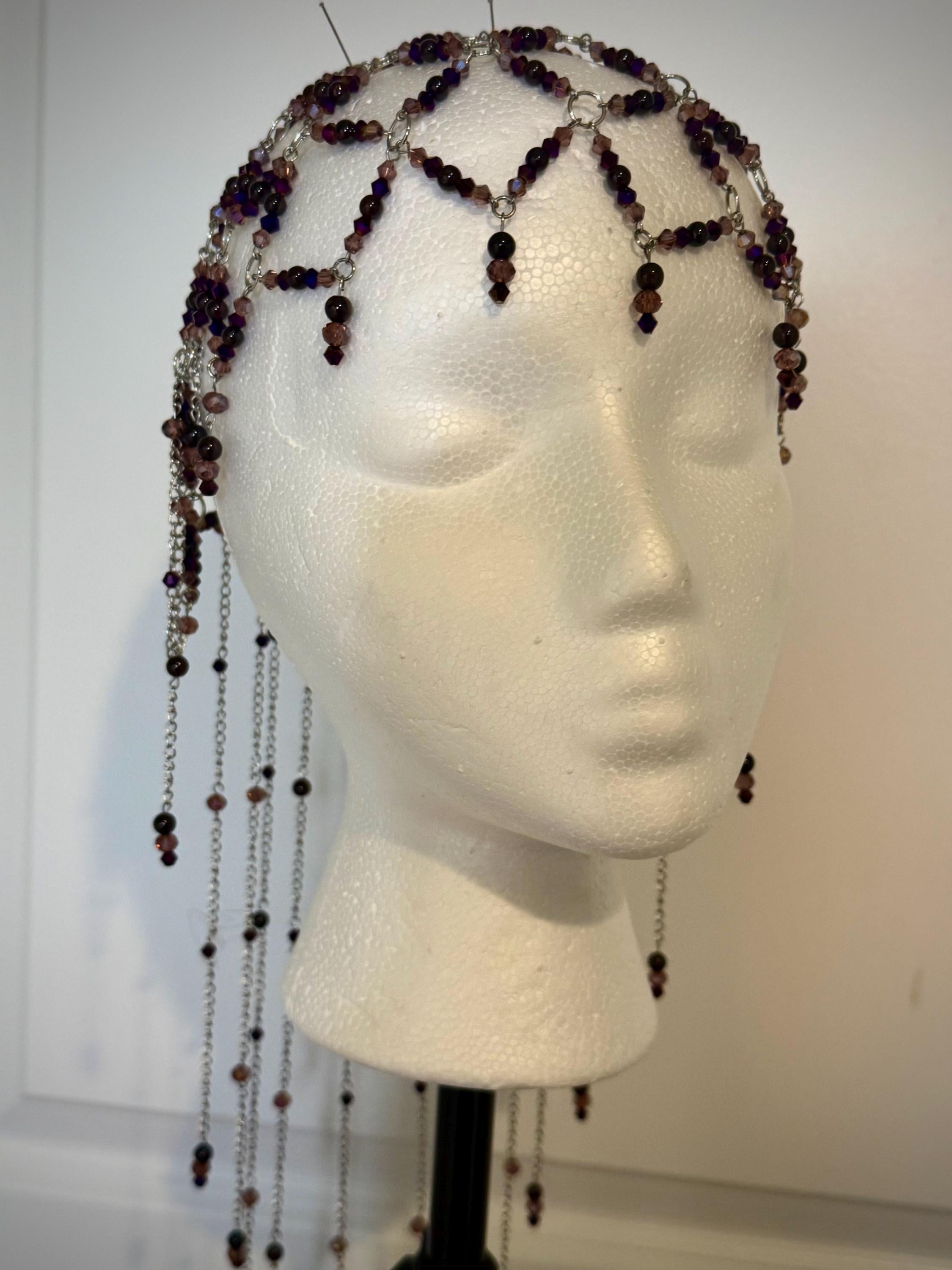 Romantic Fantasy Beaded Garnet Juliet Cap, Handcrafted Jewelry For Elegant Gift