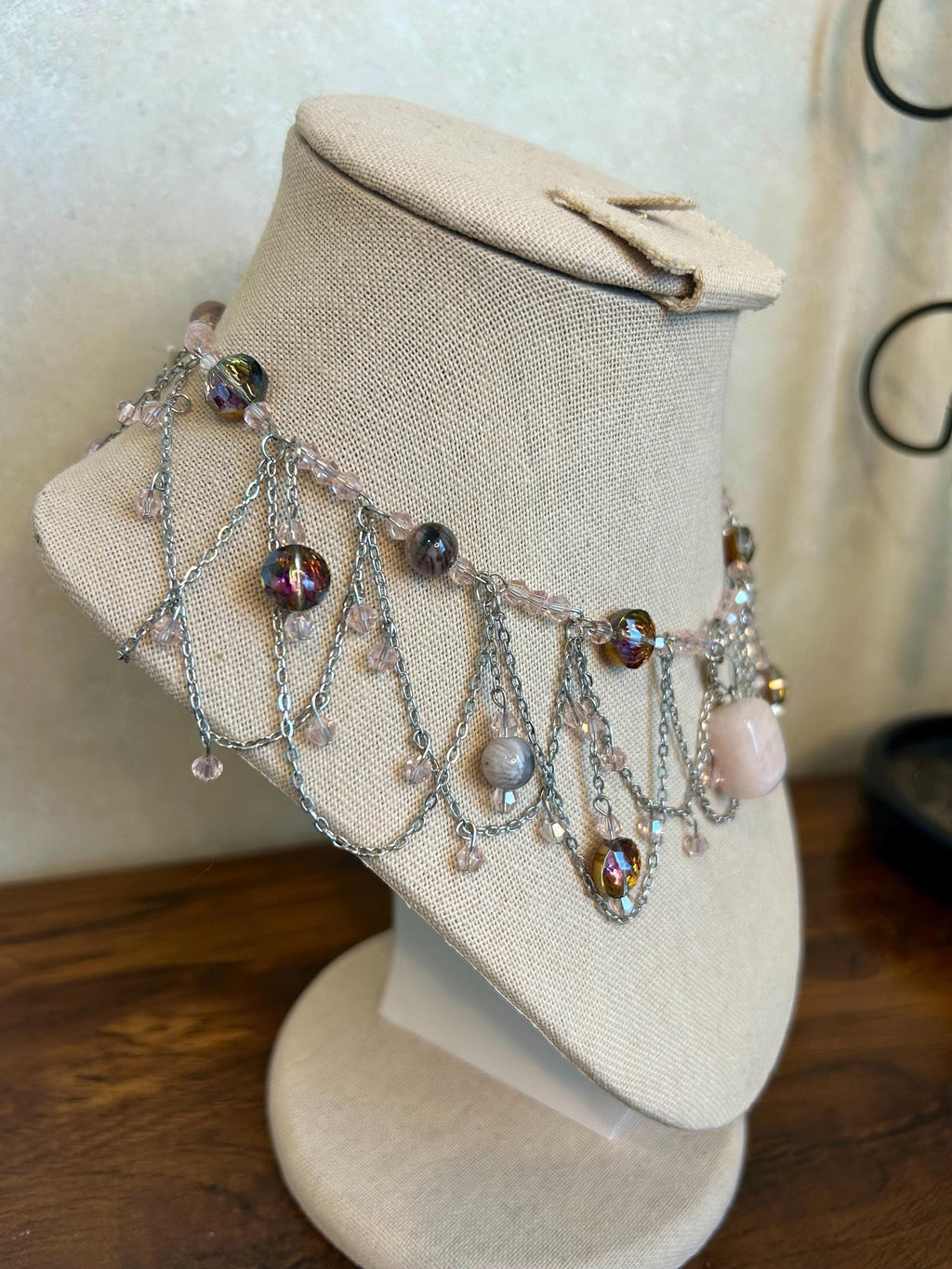 Rose Quartz Petrified Wood Crystal Necklace, Elegant Beaded Design