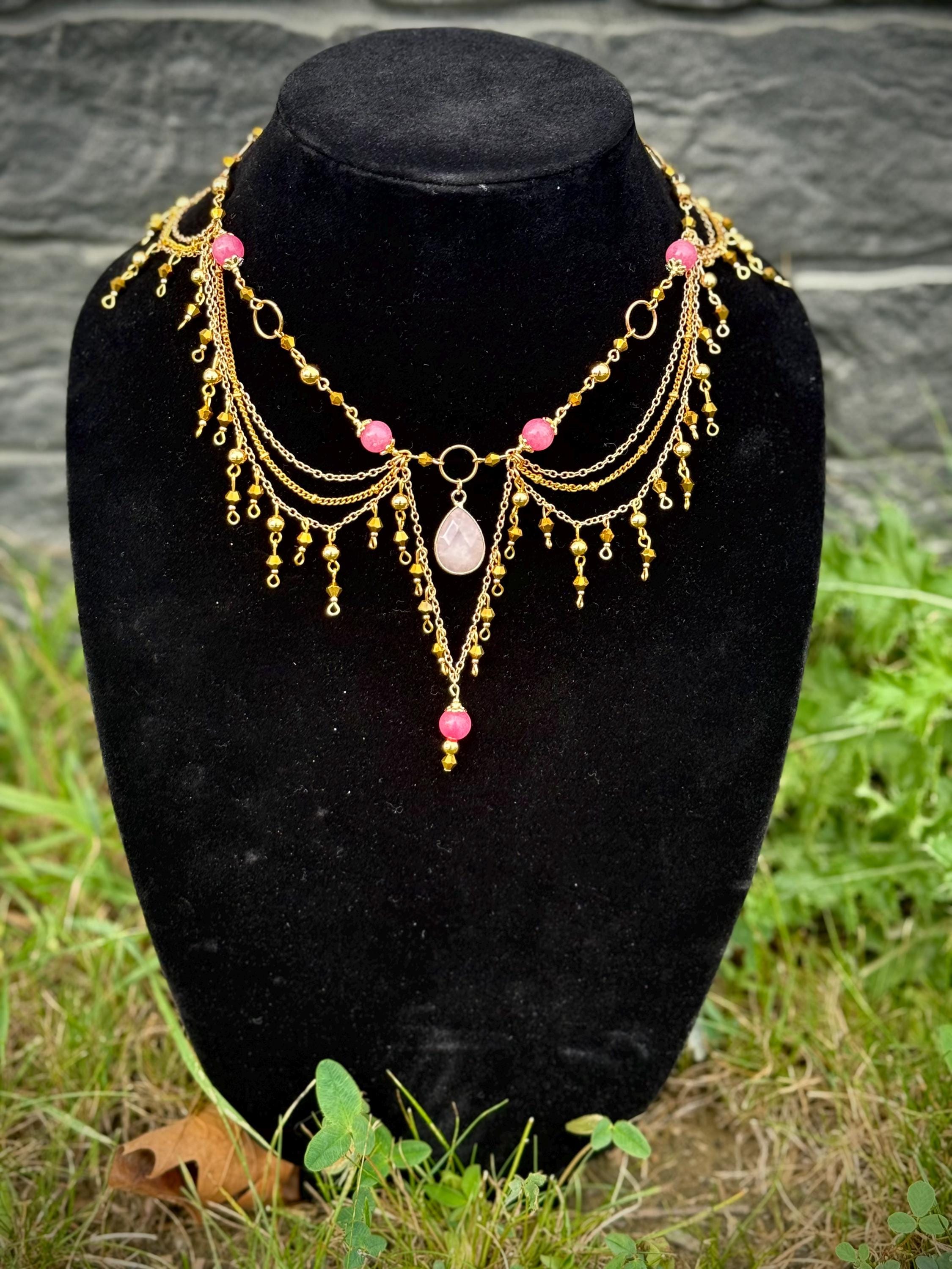 Golden Quartz Rhodochrosite Necklace, Handcrafted Gemstone Jewelry