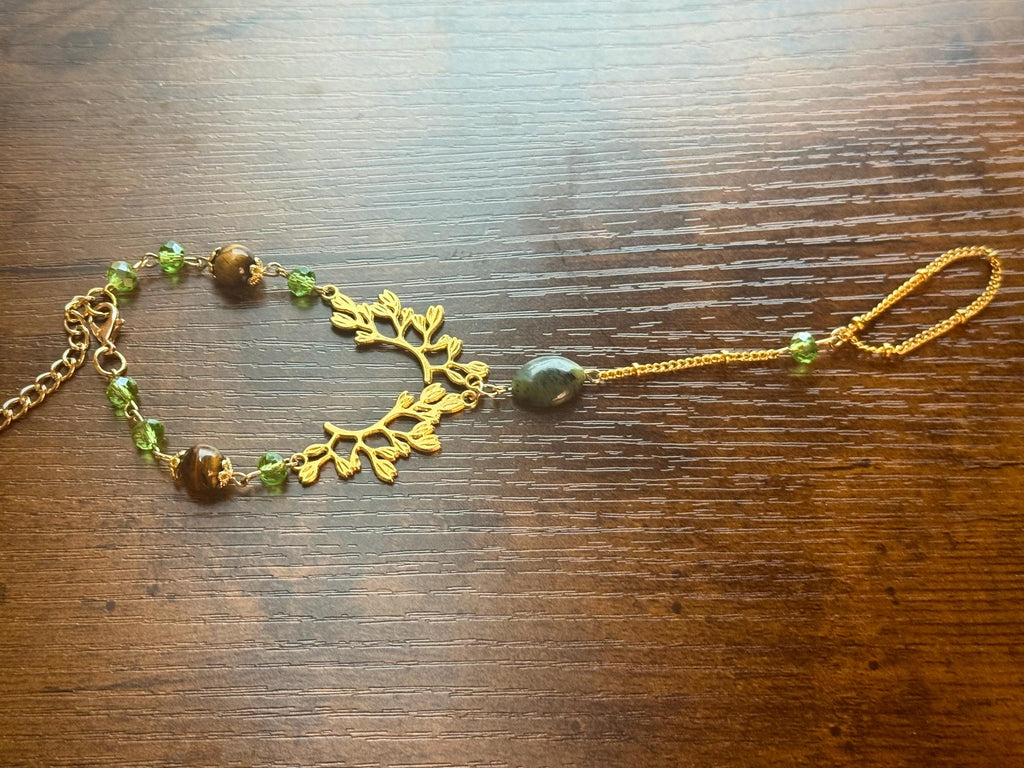 Forest Nymph Tiger Eyes and Serpentine Hand Chain, Mystical Hand Accessory