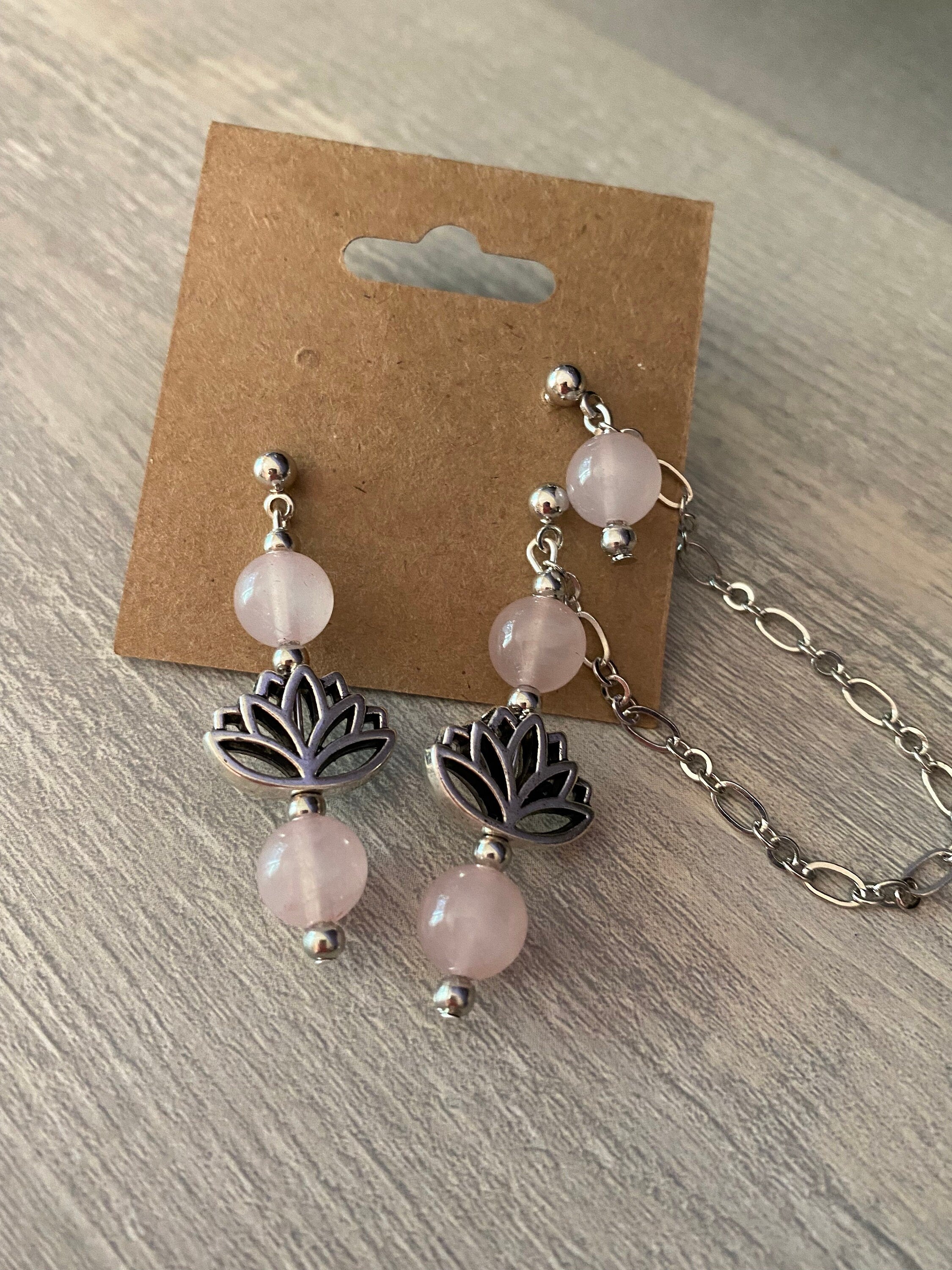 Rose Quartz Lotus Earrings, Pink Gemstone Dangle Jewelry