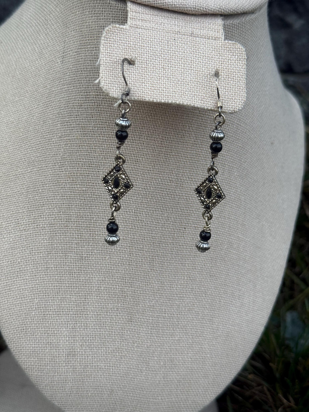 Onyx Knight Dangle Earrings, Black Crystal Beaded Jewelry