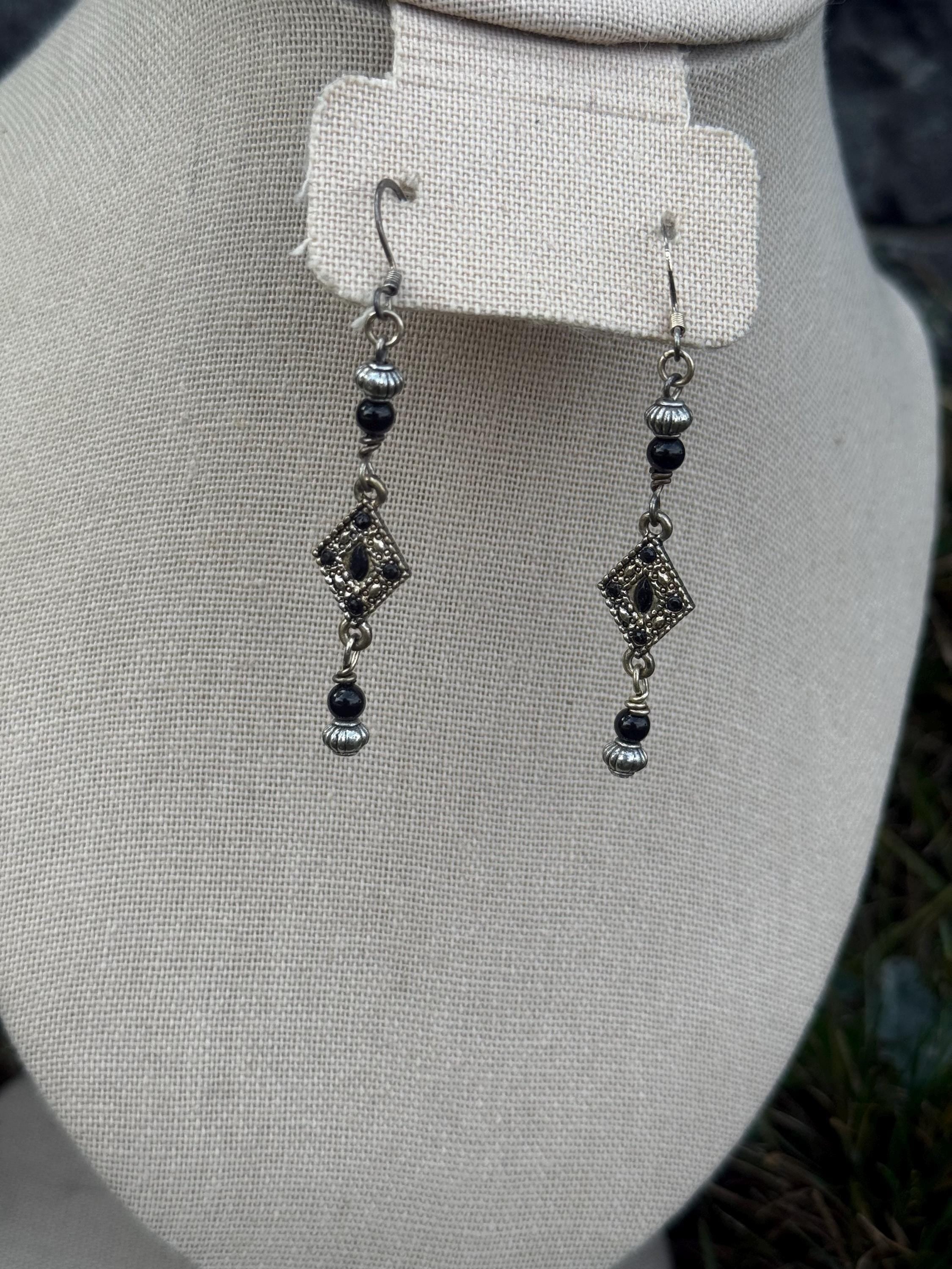 Onyx Knight Dangle Earrings, Black Crystal Beaded Jewelry