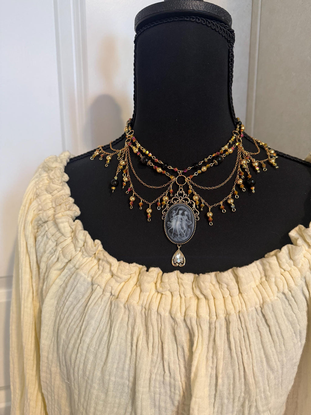 Three Muses Onyx Crystal Necklace, Handcrafted Jewelry For Elegant Gift