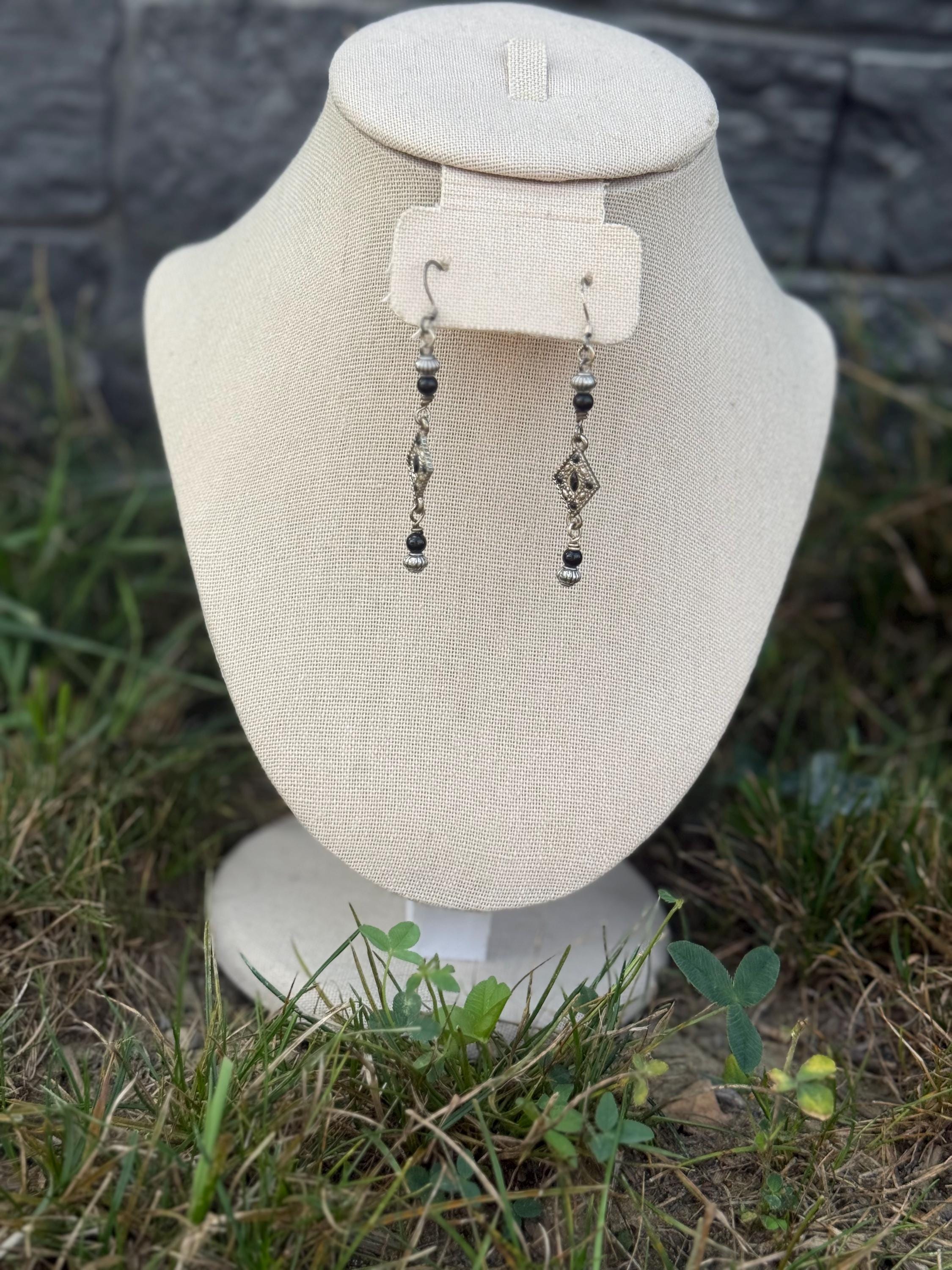 Onyx Knight Dangle Earrings, Black Crystal Beaded Jewelry