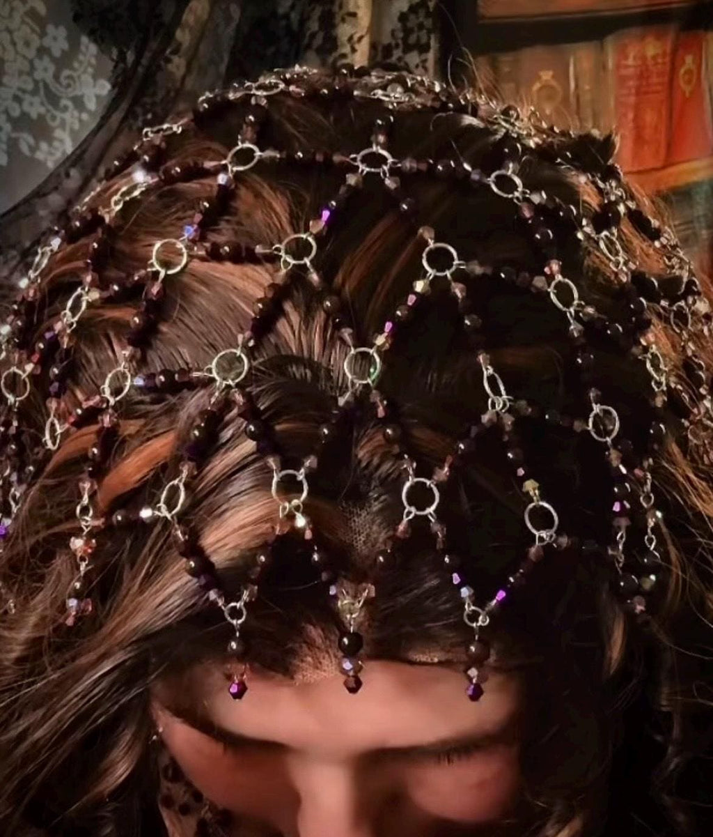 Romantic Fantasy Beaded Garnet Juliet Cap, Handcrafted Jewelry For Elegant Gift
