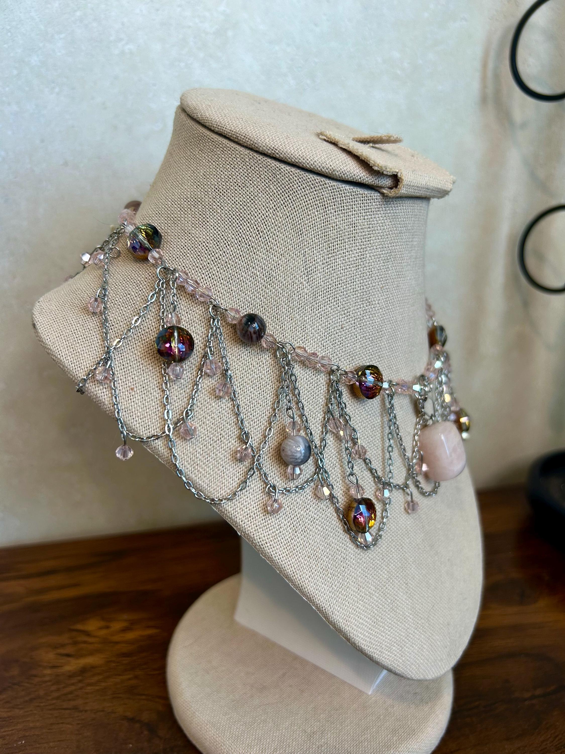 Rose Quartz Petrified Wood Crystal Necklace, Elegant Beaded Design