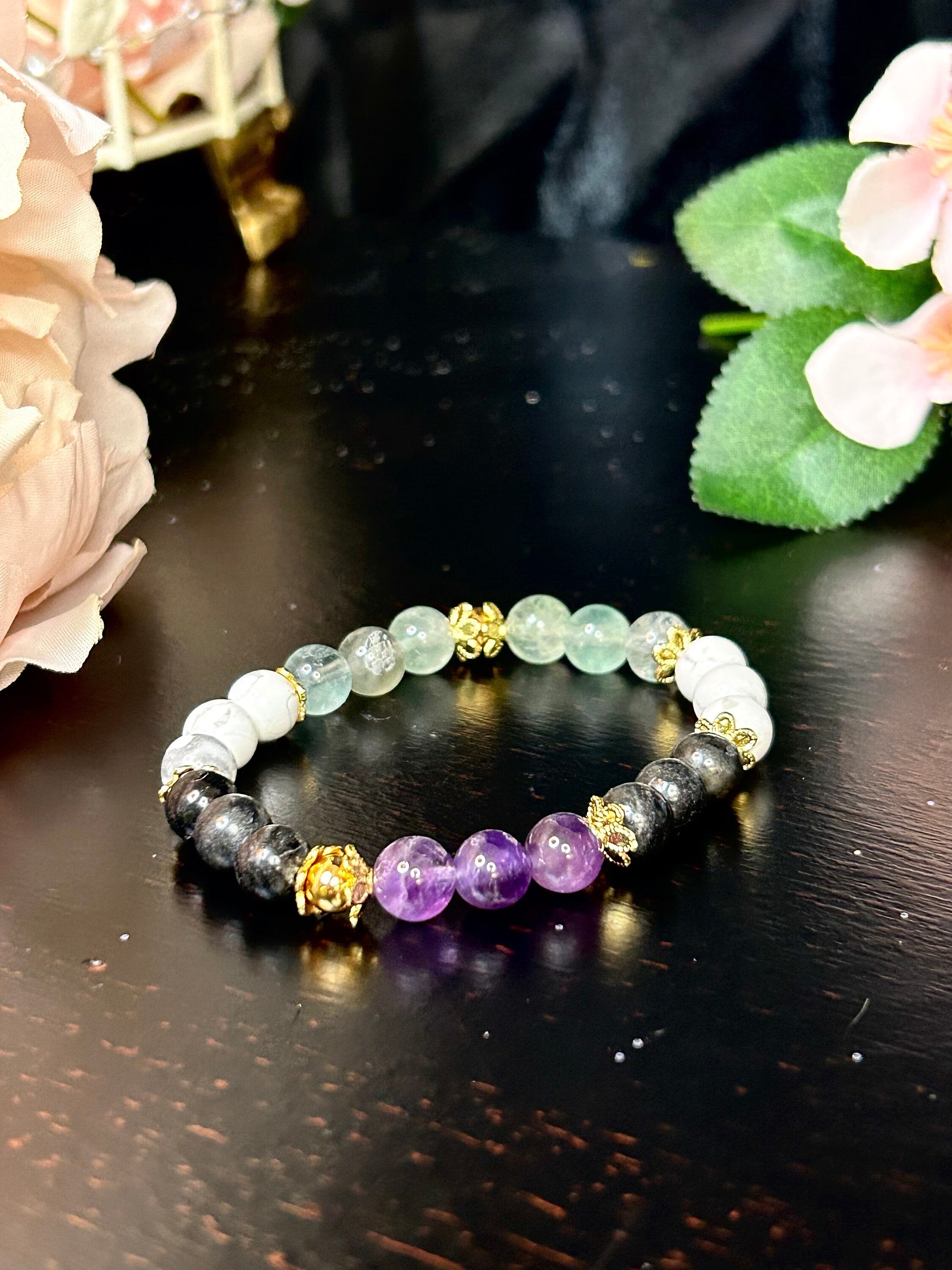 Crystal Bracelet, Howlite, Amethyst, Stress Relief, Anxiety Support