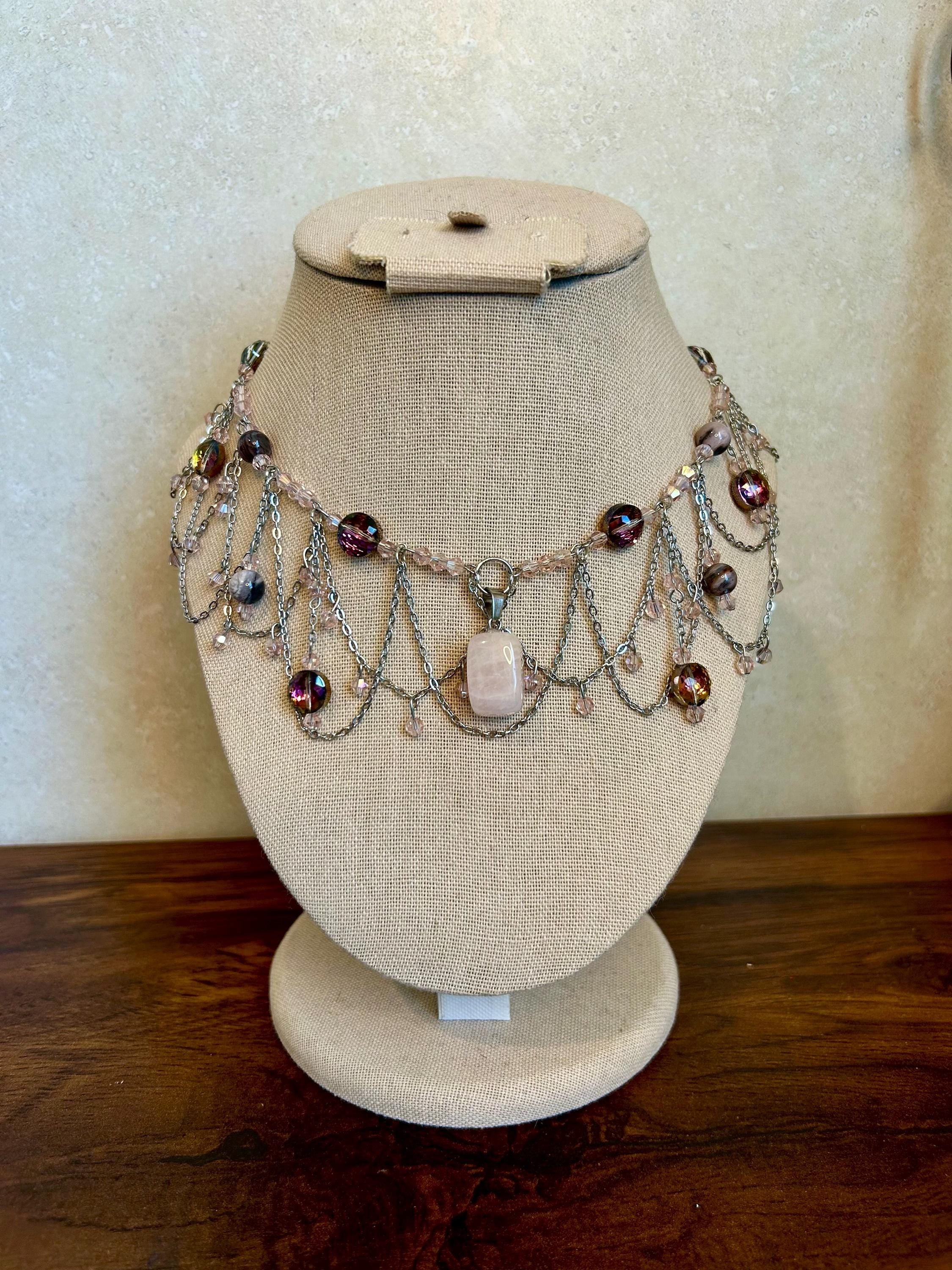 Rose Quartz Petrified Wood Crystal Necklace, Elegant Beaded Design