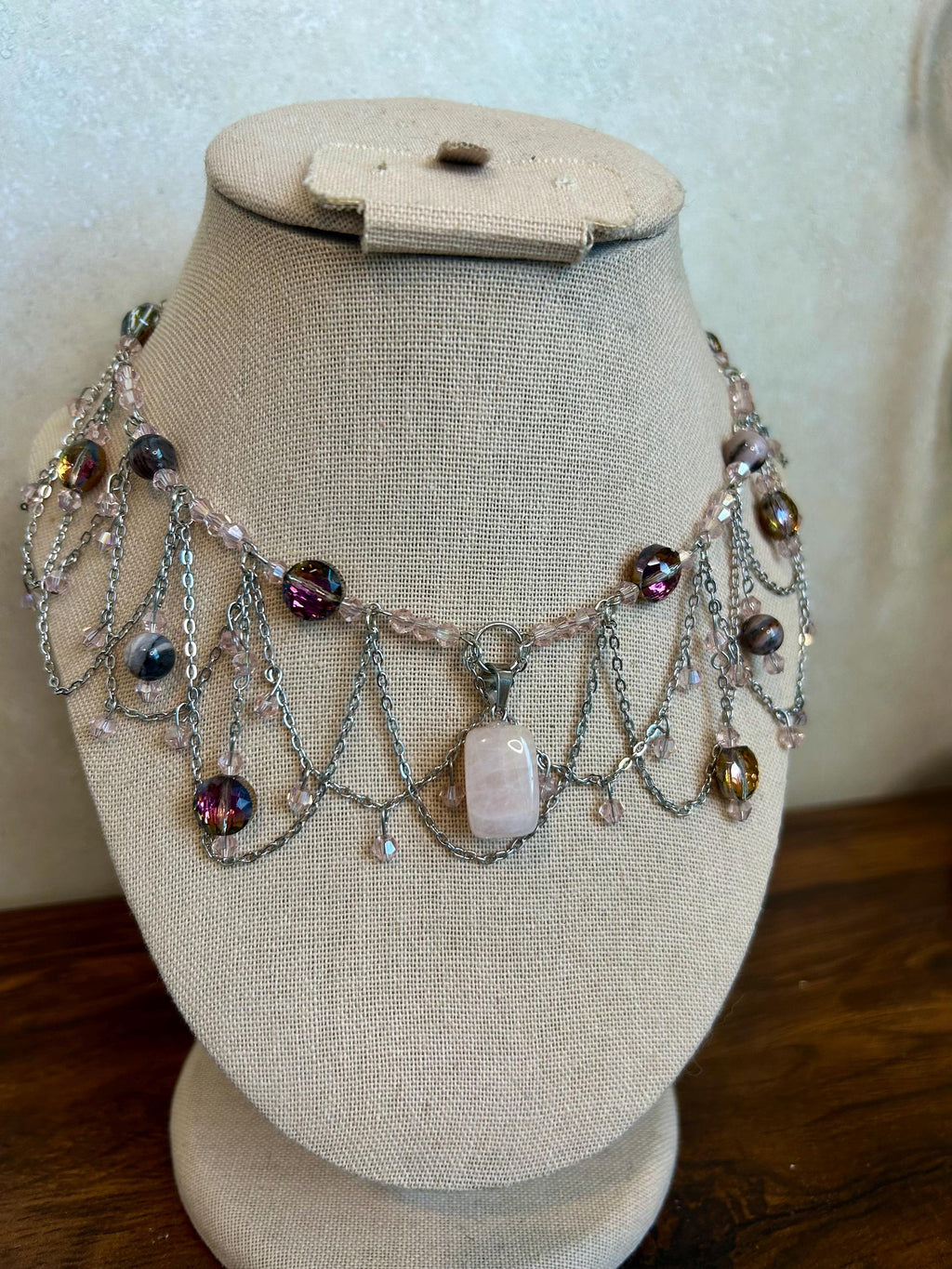 Rose Quartz Petrified Wood Crystal Necklace, Elegant Beaded Design
