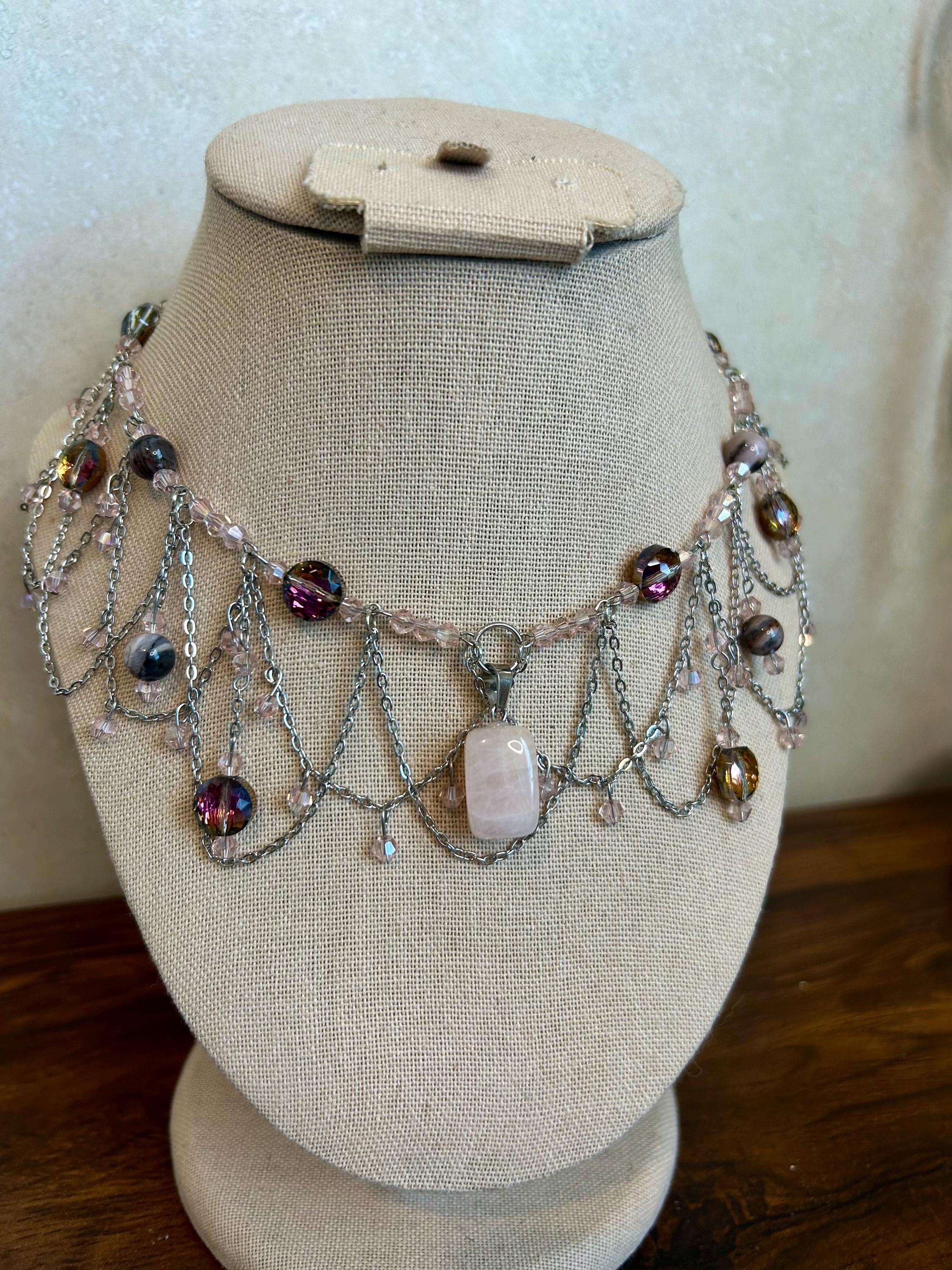 Rose Quartz Petrified Wood Crystal Necklace, Elegant Beaded Design