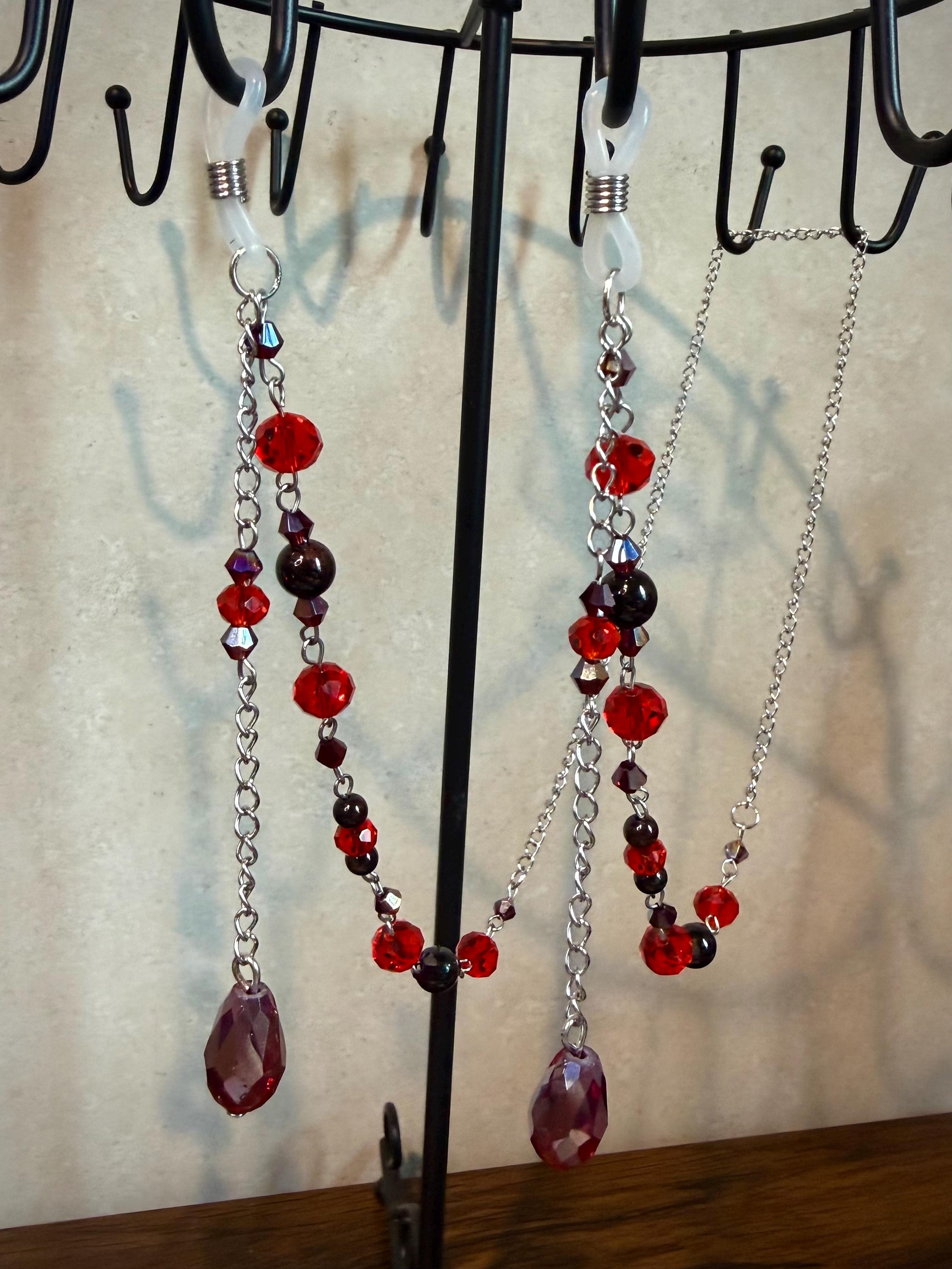 Red Rose Garnet Crystal Eyeglass Chain, Handcrafted Beaded Eyewear Holder for Stylish Wearers