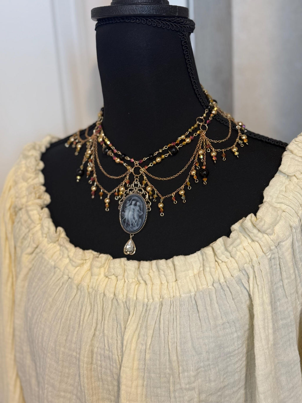 Three Muses Onyx Crystal Necklace, Handcrafted Jewelry For Elegant Gift