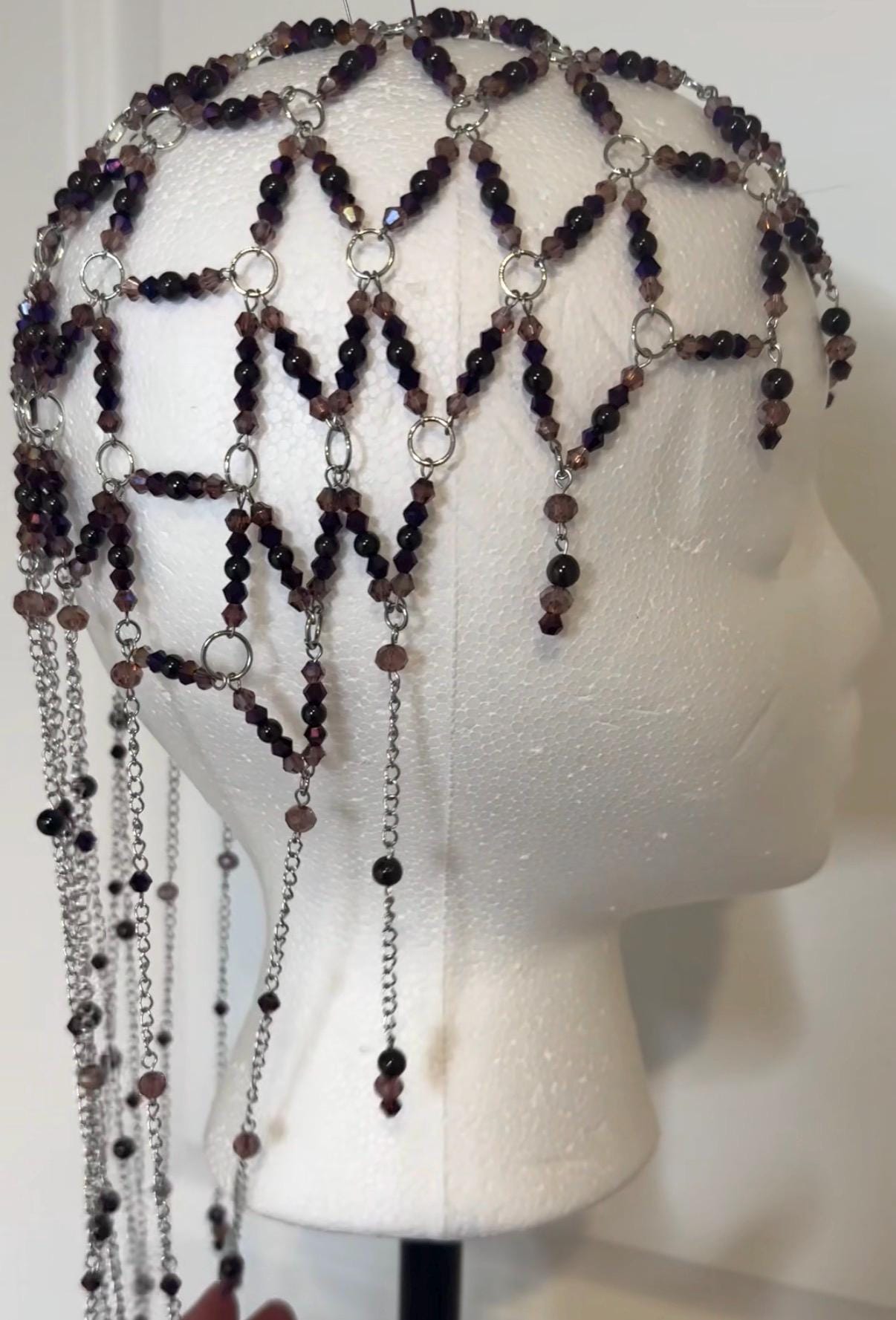 Romantic Fantasy Beaded Garnet Juliet Cap, Handcrafted Jewelry For Elegant Gift