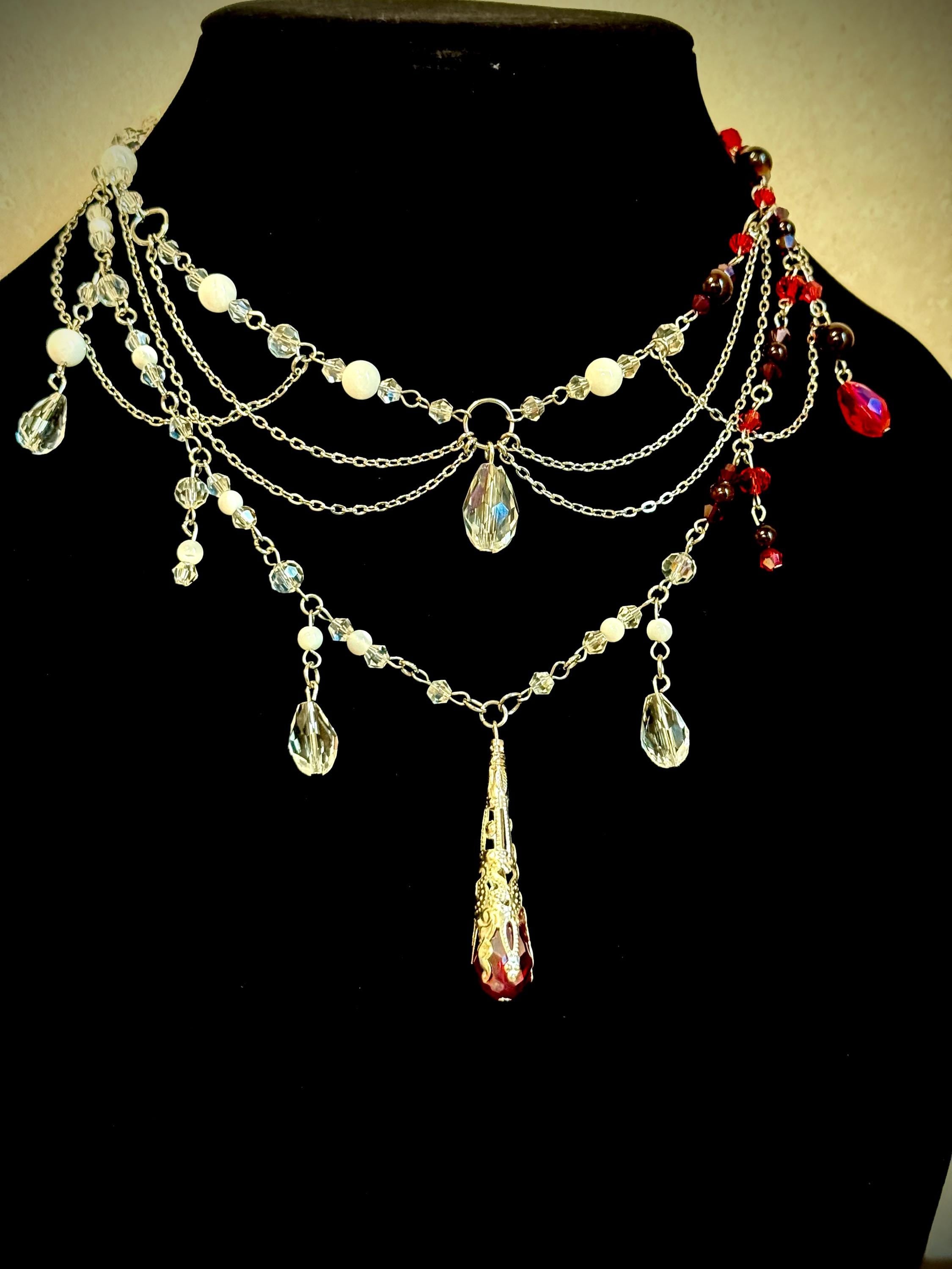 Nightly Treat Garnet and Abalone Shell Necklace, Handcrafted Jewelry For Elegant Gift
