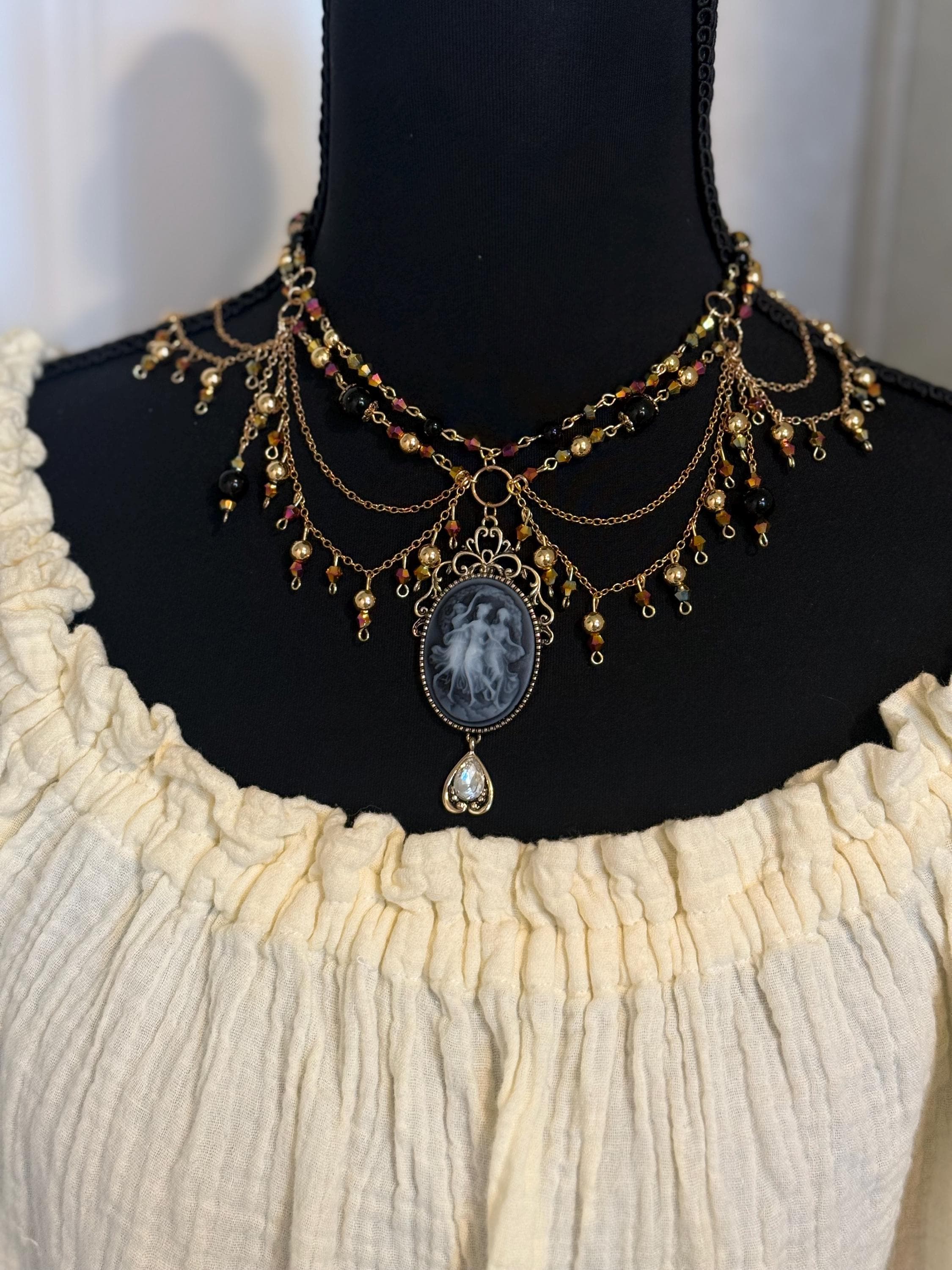 Three Muses Onyx Crystal Necklace, Handcrafted Jewelry For Elegant Gift