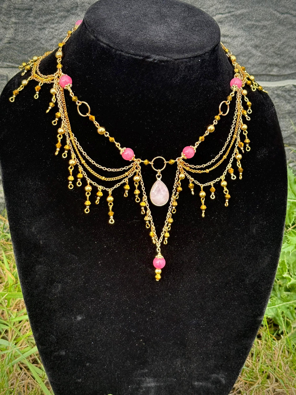Golden Quartz Rhodochrosite Necklace, Handcrafted Gemstone Jewelry