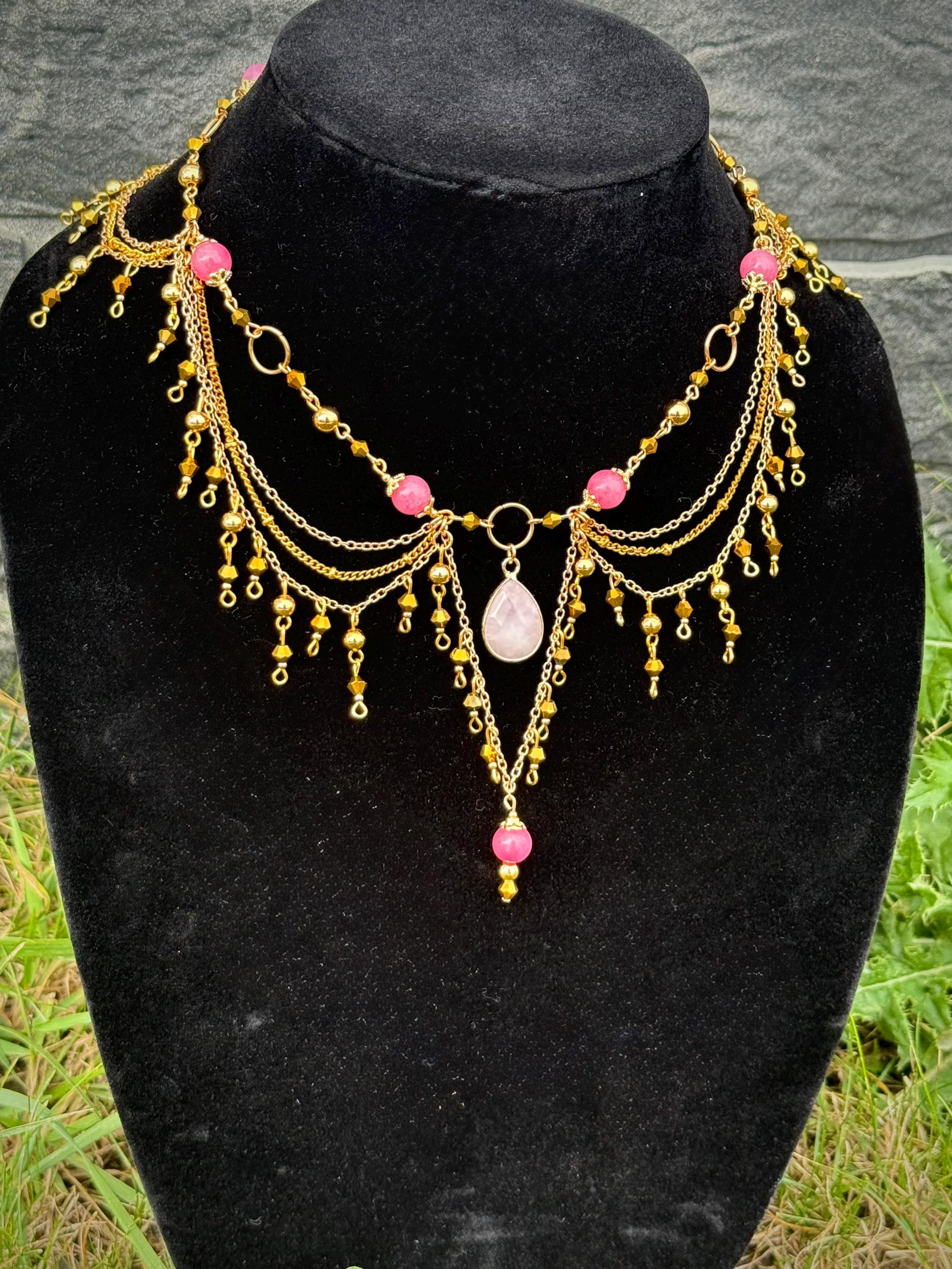 Golden Quartz Rhodochrosite Necklace, Handcrafted Gemstone Jewelry