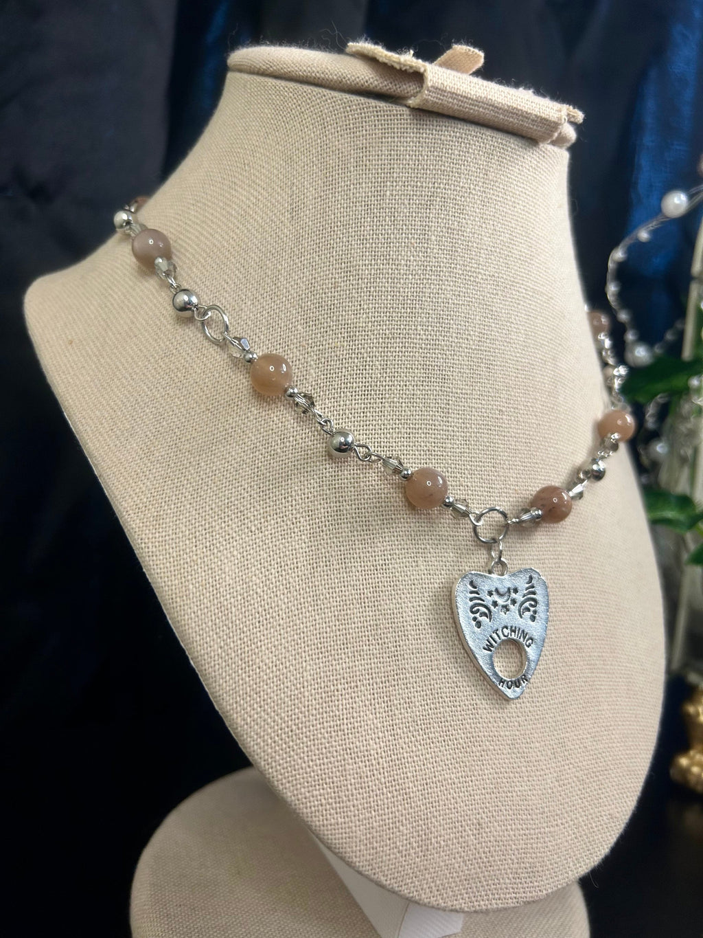 Pink Moonstone Planchette Choker, Simple Chain Necklace