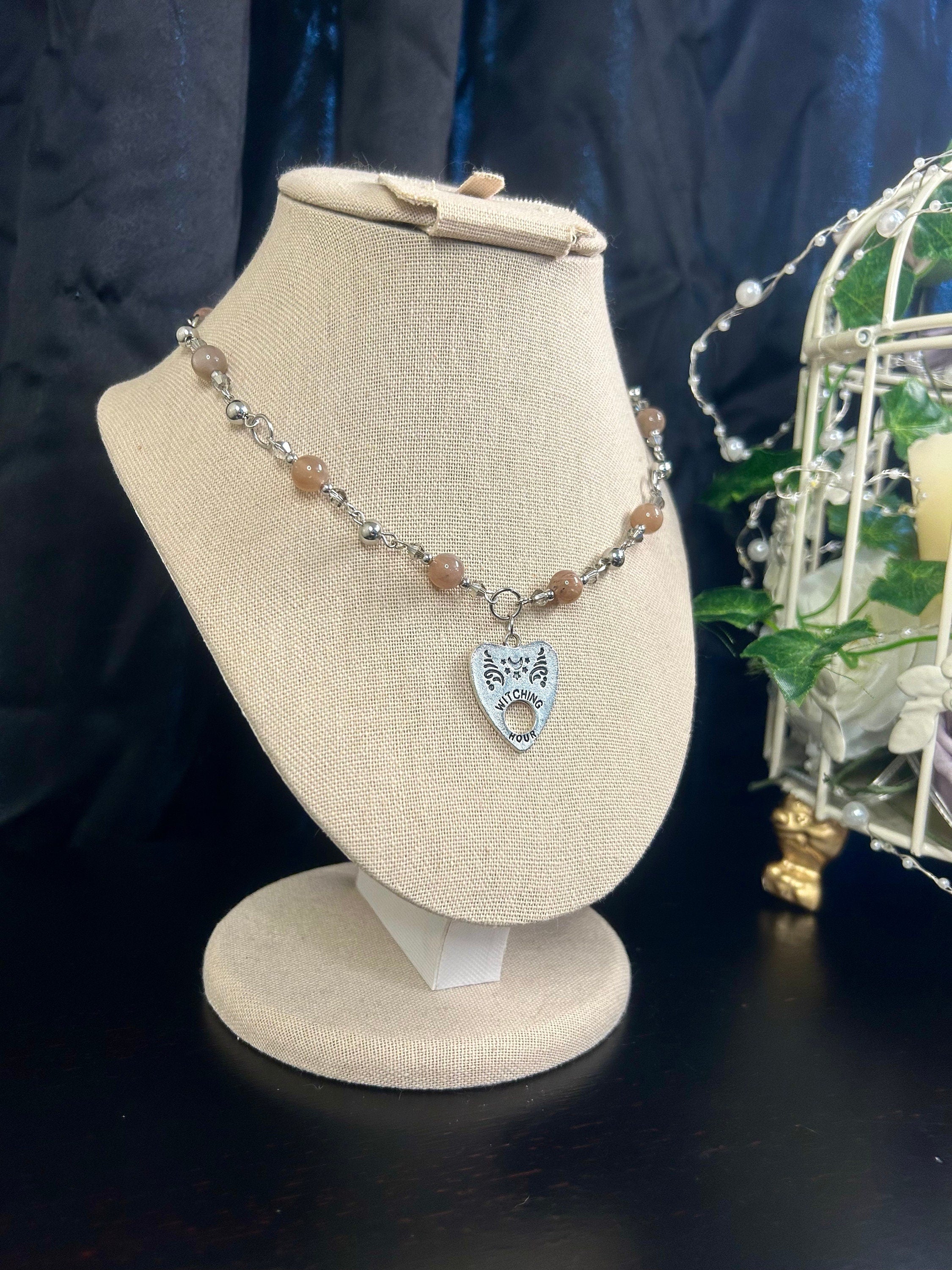 Pink Moonstone Planchette Choker, Simple Chain Necklace