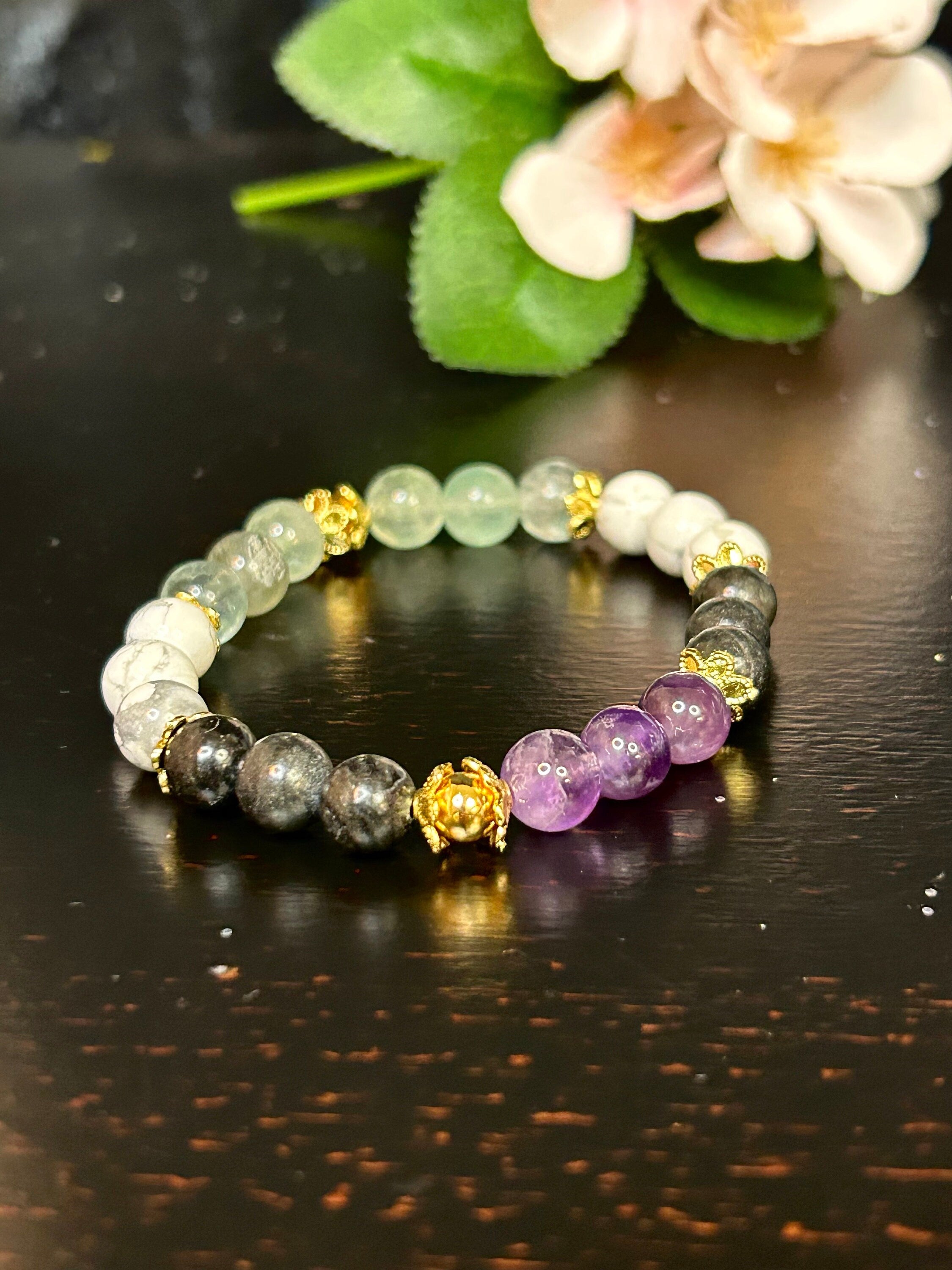 Crystal Bracelet, Howlite, Amethyst, Stress Relief, Anxiety Support