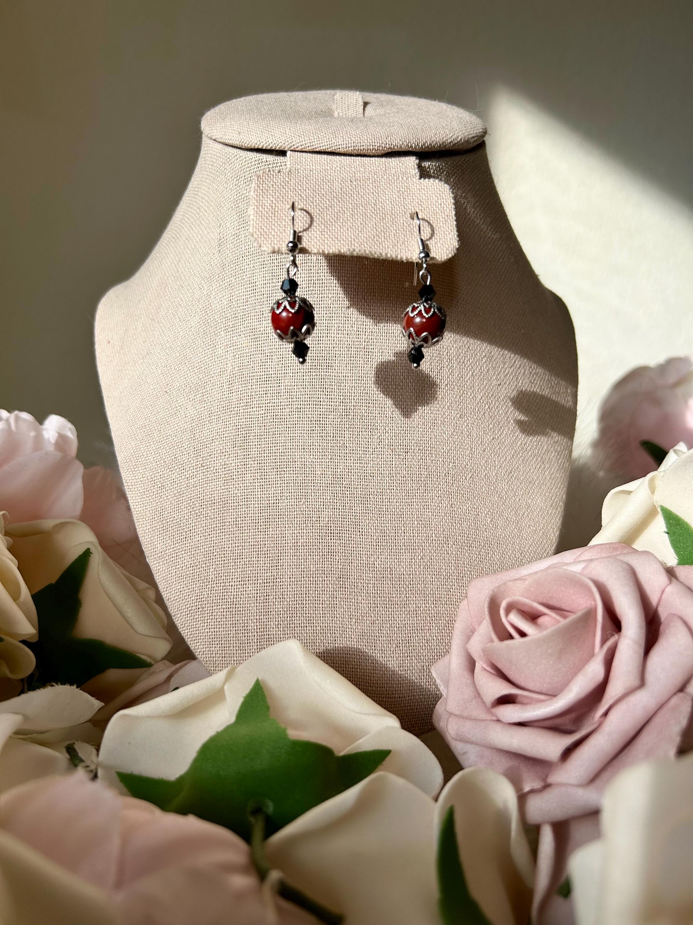 Vampire Kisses Earrings, Handmade Apple Jasper Crystal Earrings for Spooky Season
