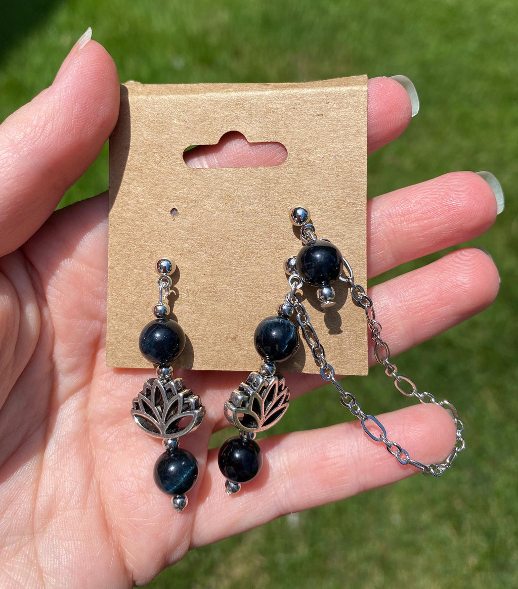 Blue Tigers Eye Lotus Earrings, Handcrafted Crystal Accessories for Stylish Moments, Ideal Gift for Birthdays and Celebrations
