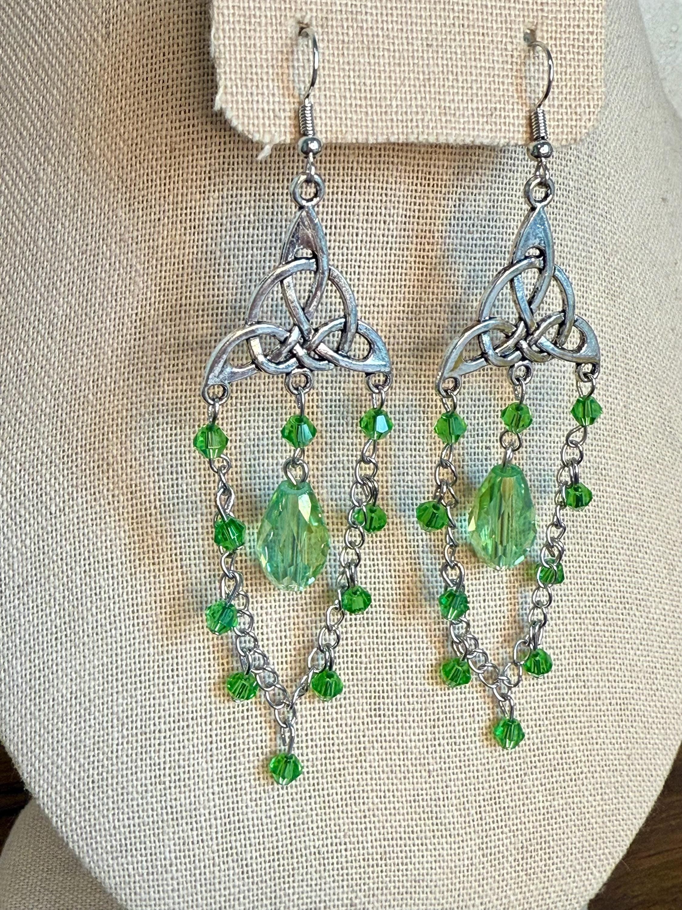 Handmade Celtic Knot Crystal Dangle Earrings, Fantasy Jewelry