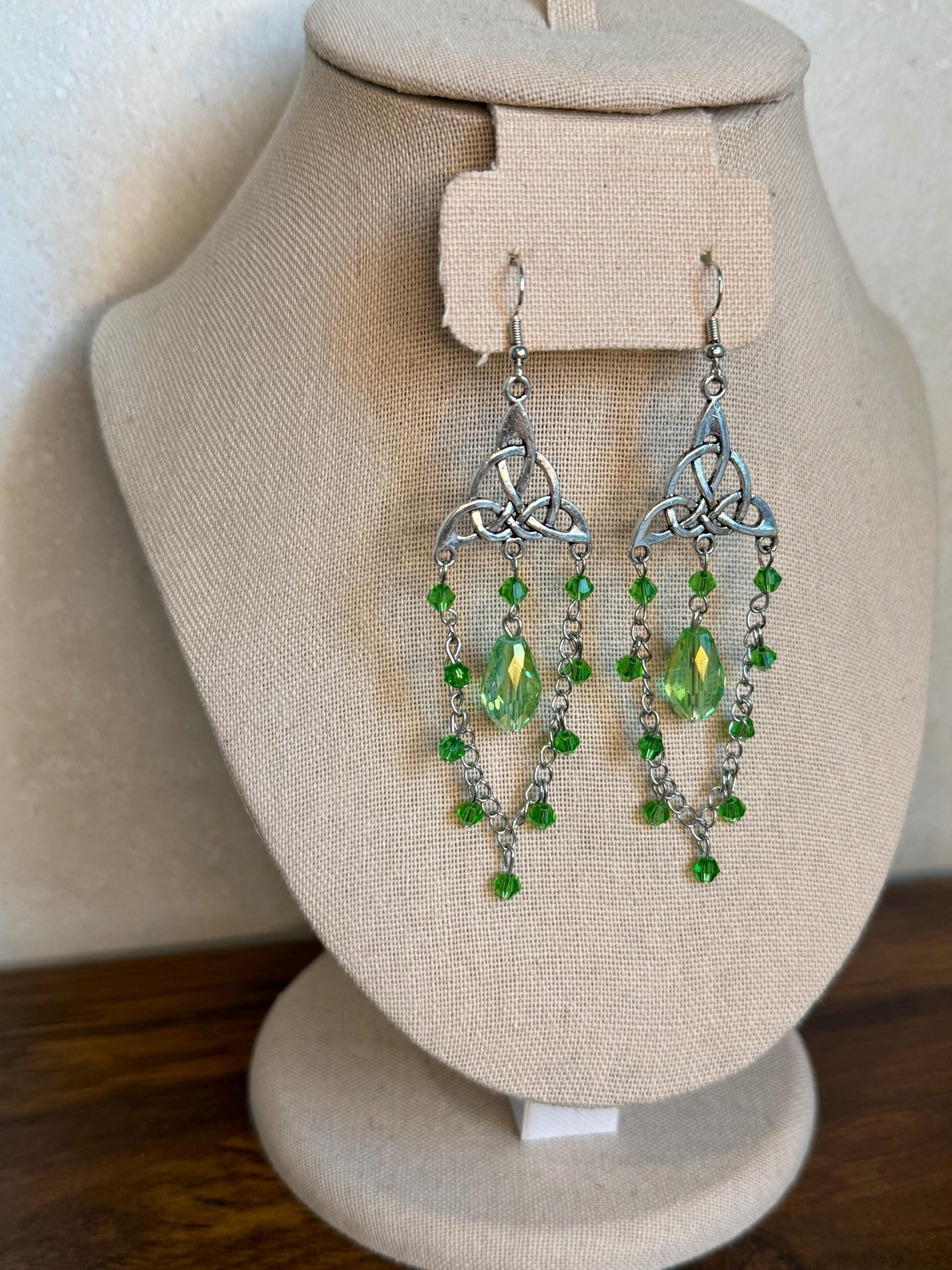 Handmade Celtic Knot Crystal Dangle Earrings, Fantasy Jewelry