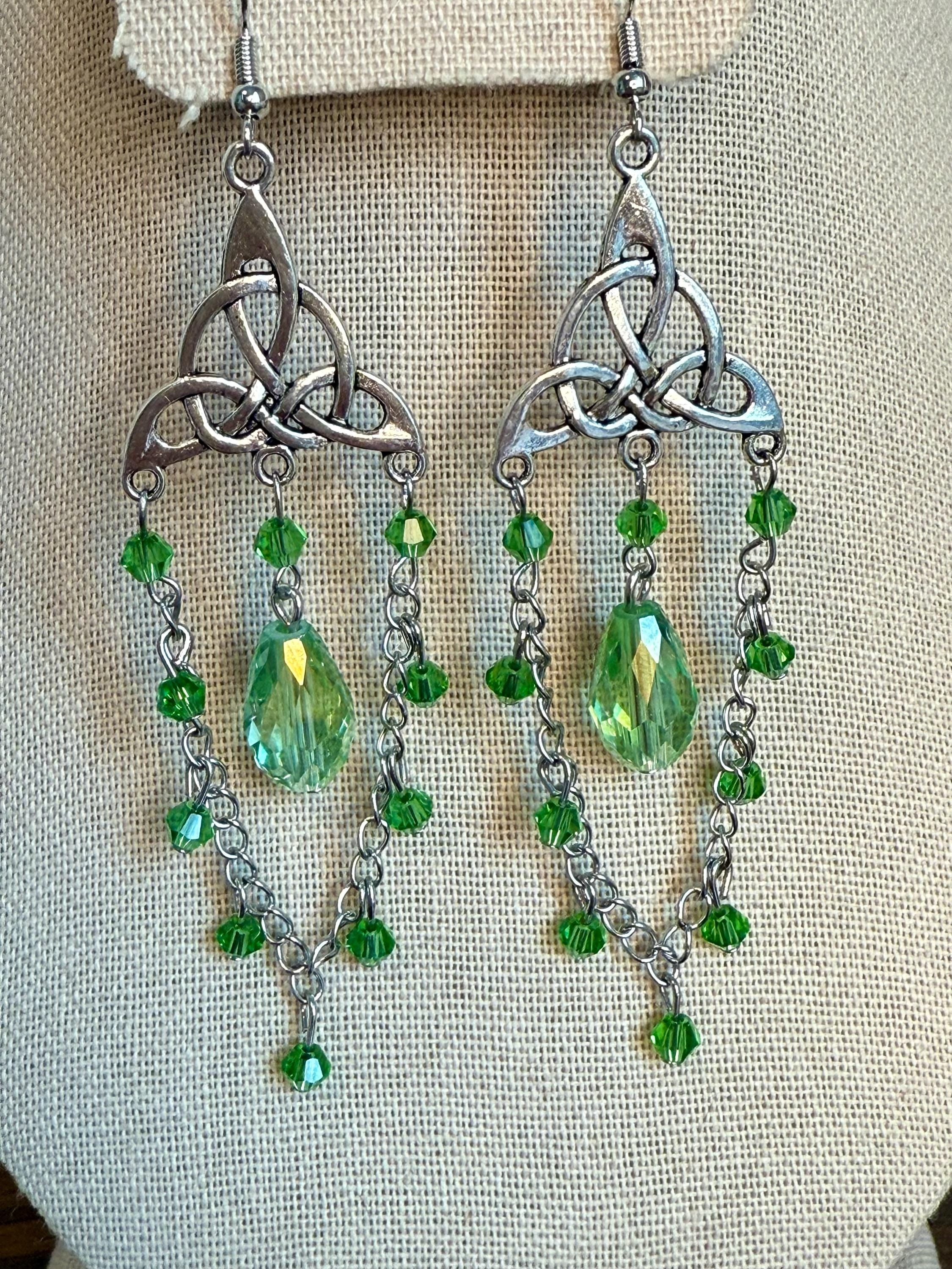 Handmade Celtic Knot Crystal Dangle Earrings, Fantasy Jewelry