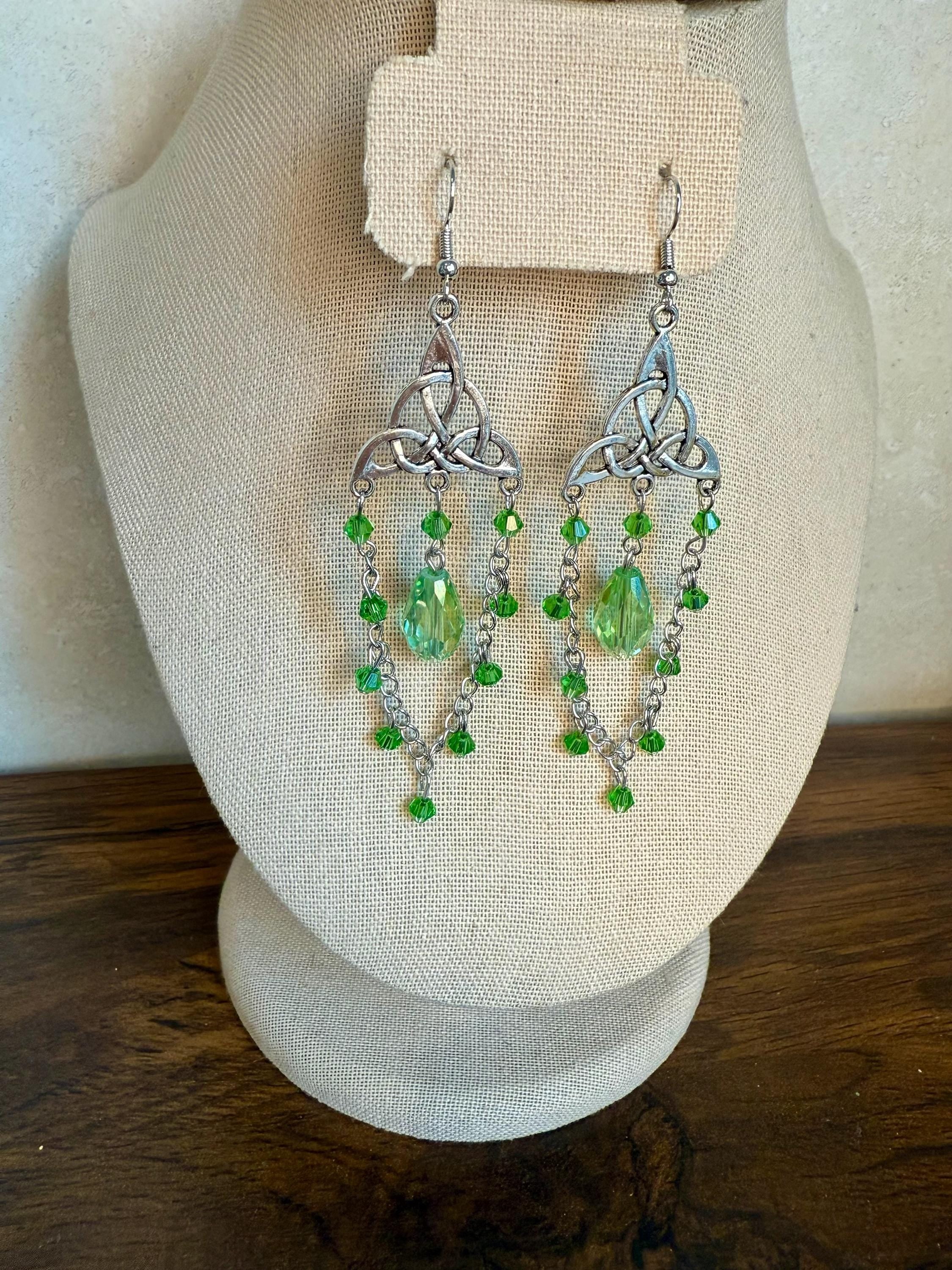 Handmade Celtic Knot Crystal Dangle Earrings, Fantasy Jewelry