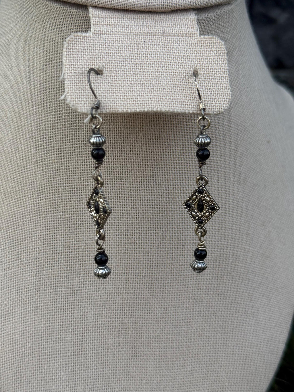 Onyx Knight Dangle Earrings, Black Crystal Beaded Jewelry