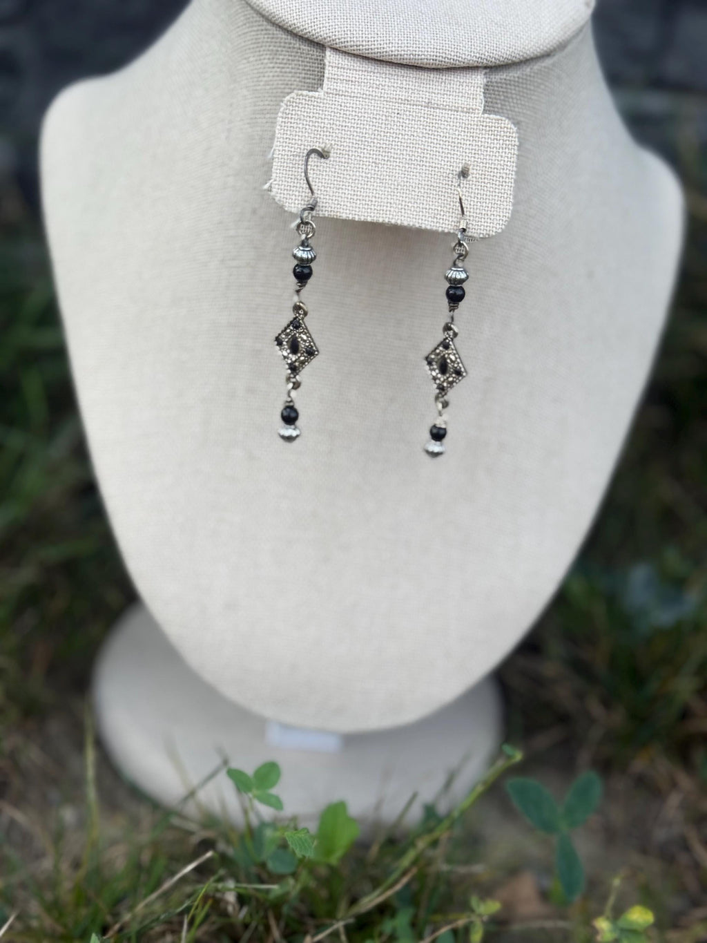 Onyx Knight Dangle Earrings, Black Crystal Beaded Jewelry