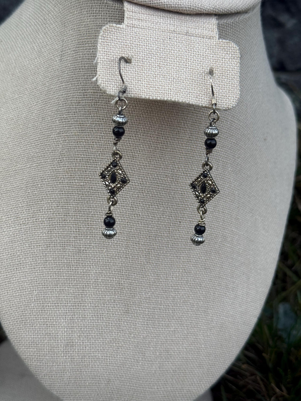Onyx Knight Dangle Earrings, Black Crystal Beaded Jewelry
