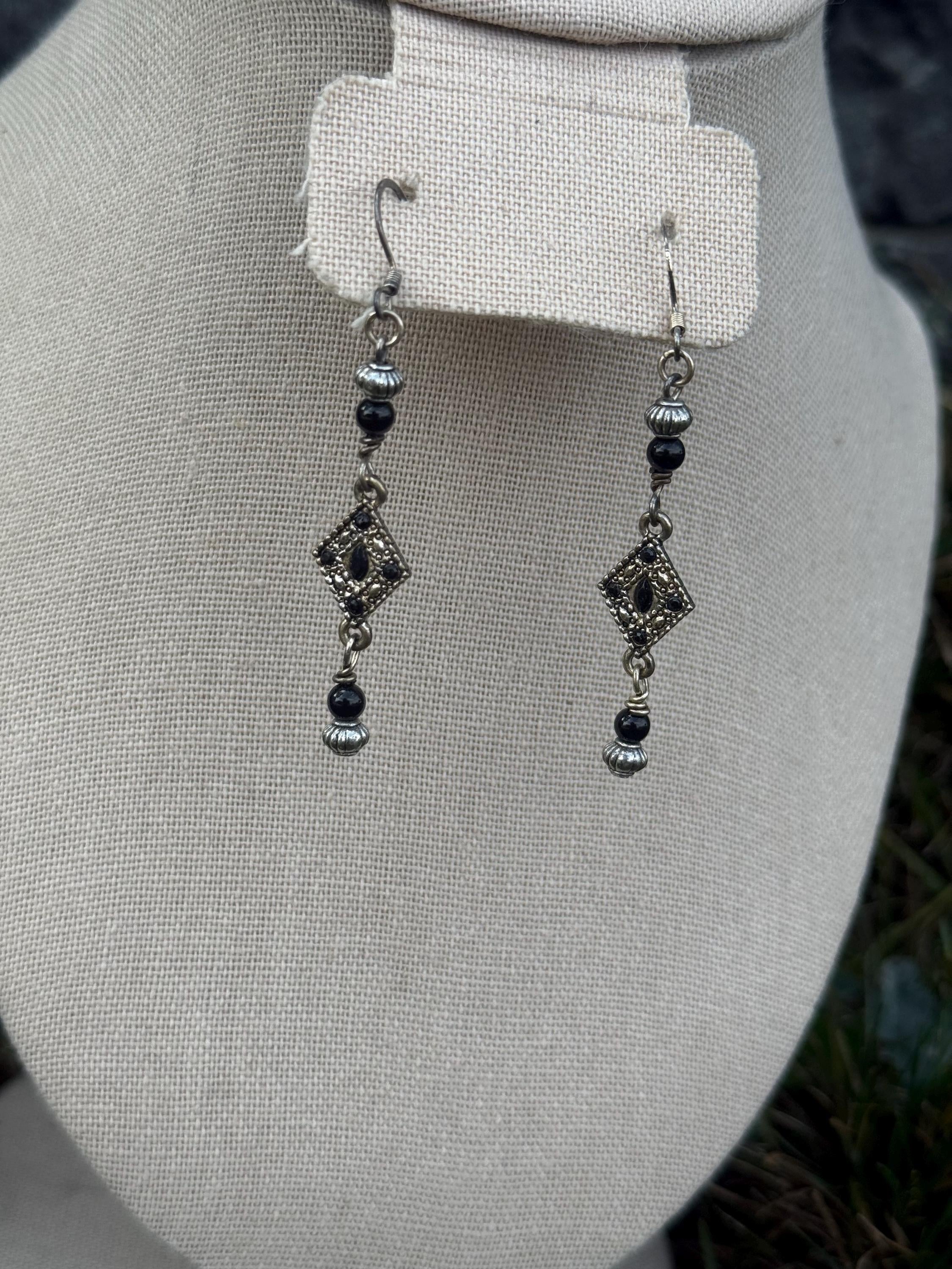 Onyx Knight Dangle Earrings, Black Crystal Beaded Jewelry