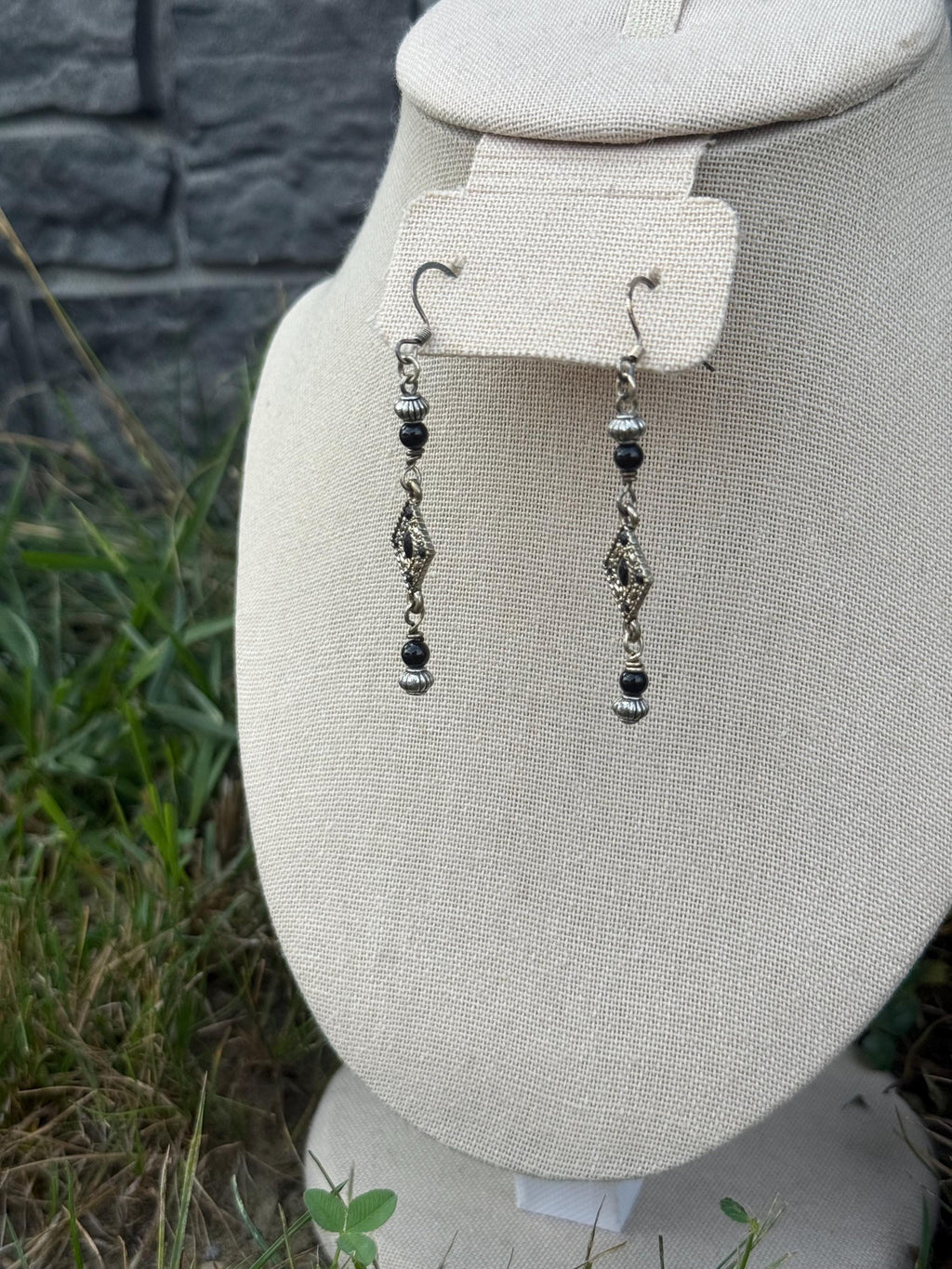 Onyx Knight Dangle Earrings, Black Crystal Beaded Jewelry