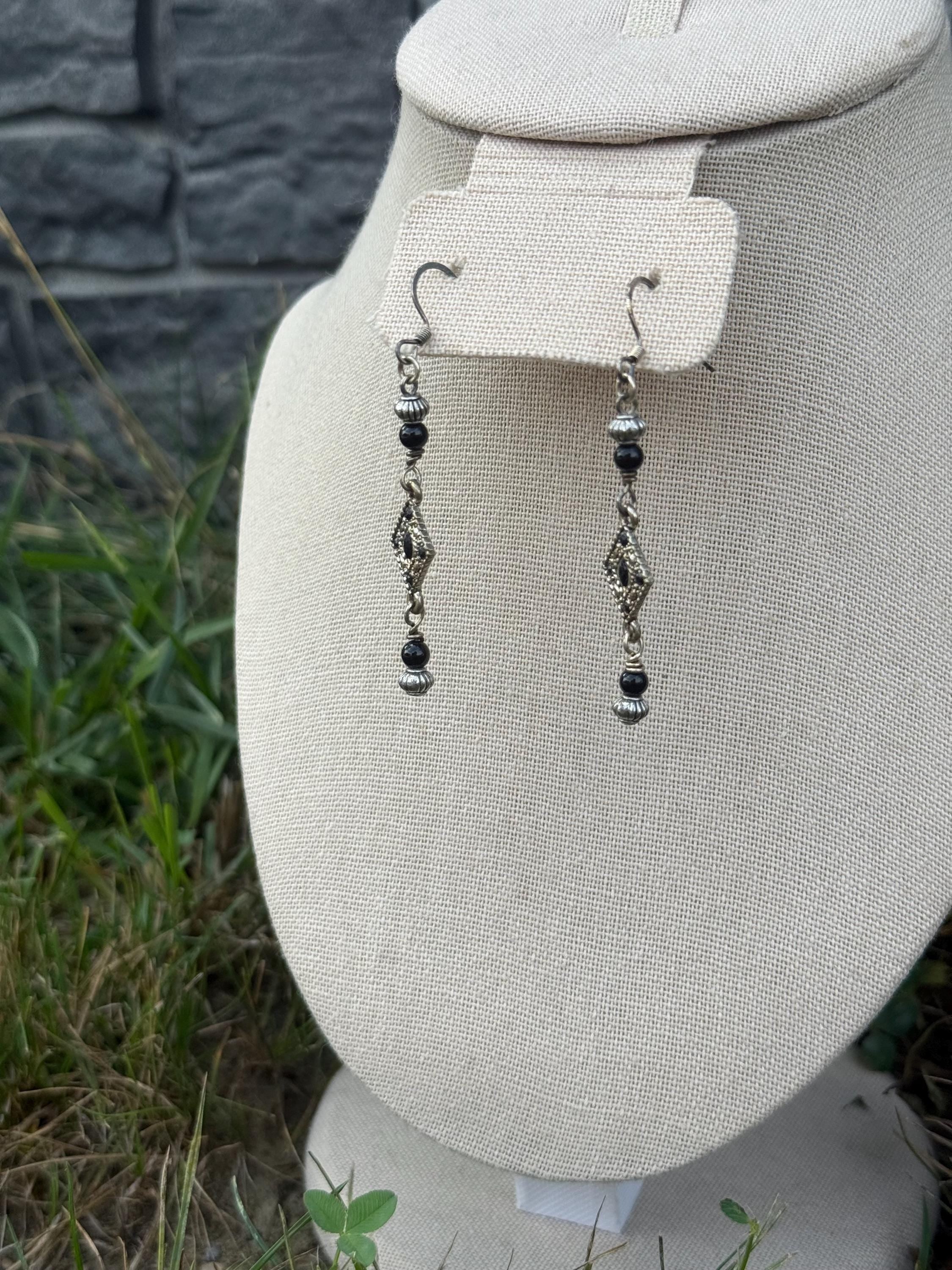 Onyx Knight Dangle Earrings, Black Crystal Beaded Jewelry