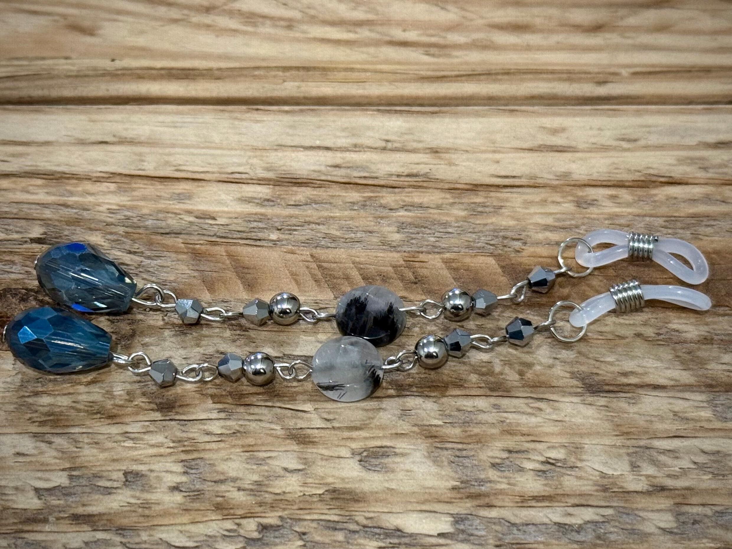 Steely Blue Rutilated Quartz Crystal Eyeglass Charms, Elegant Beaded Accessory for Reading Glasses