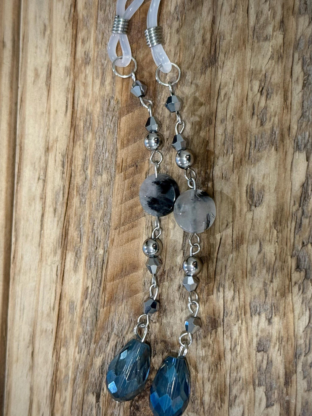 Steely Blue Rutilated Quartz Crystal Eyeglass Charms, Elegant Beaded Accessory for Reading Glasses
