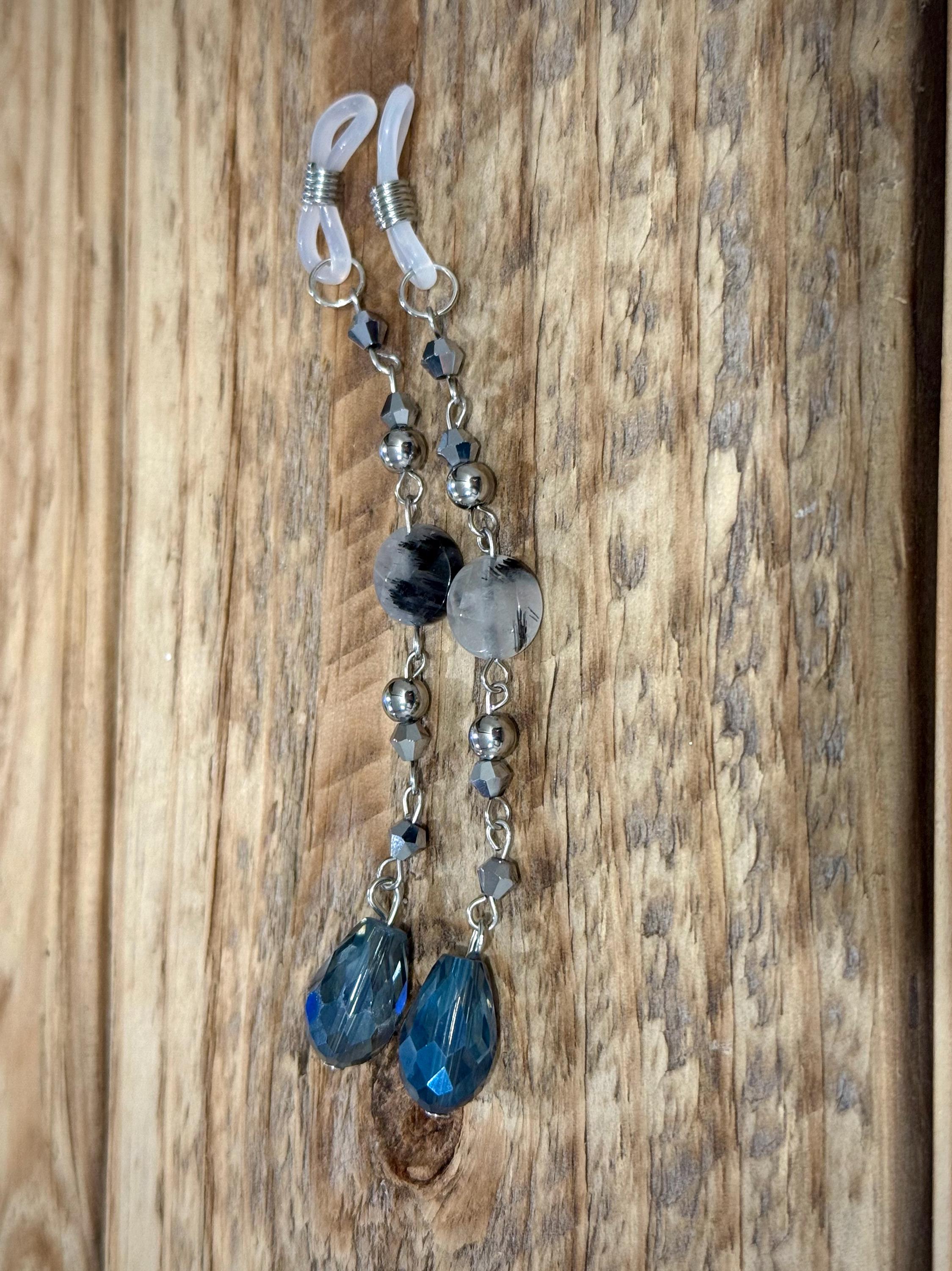 Steely Blue Rutilated Quartz Crystal Eyeglass Charms, Elegant Beaded Accessory for Reading Glasses