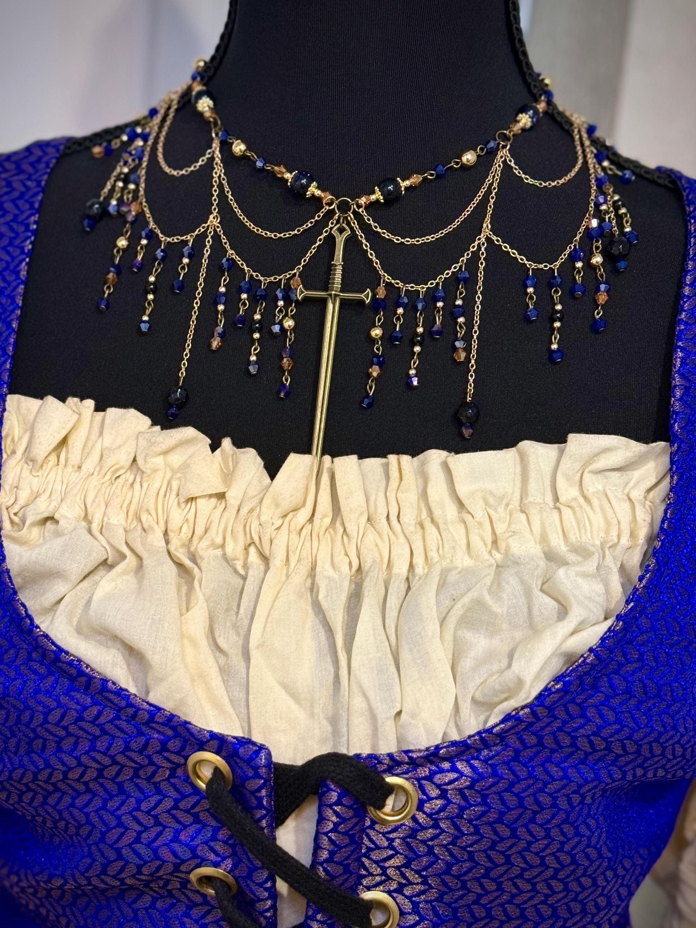 Serene Knight Blue Goldstone and Onyx Necklace, Handcrafted Jewelry For Elegant Gift