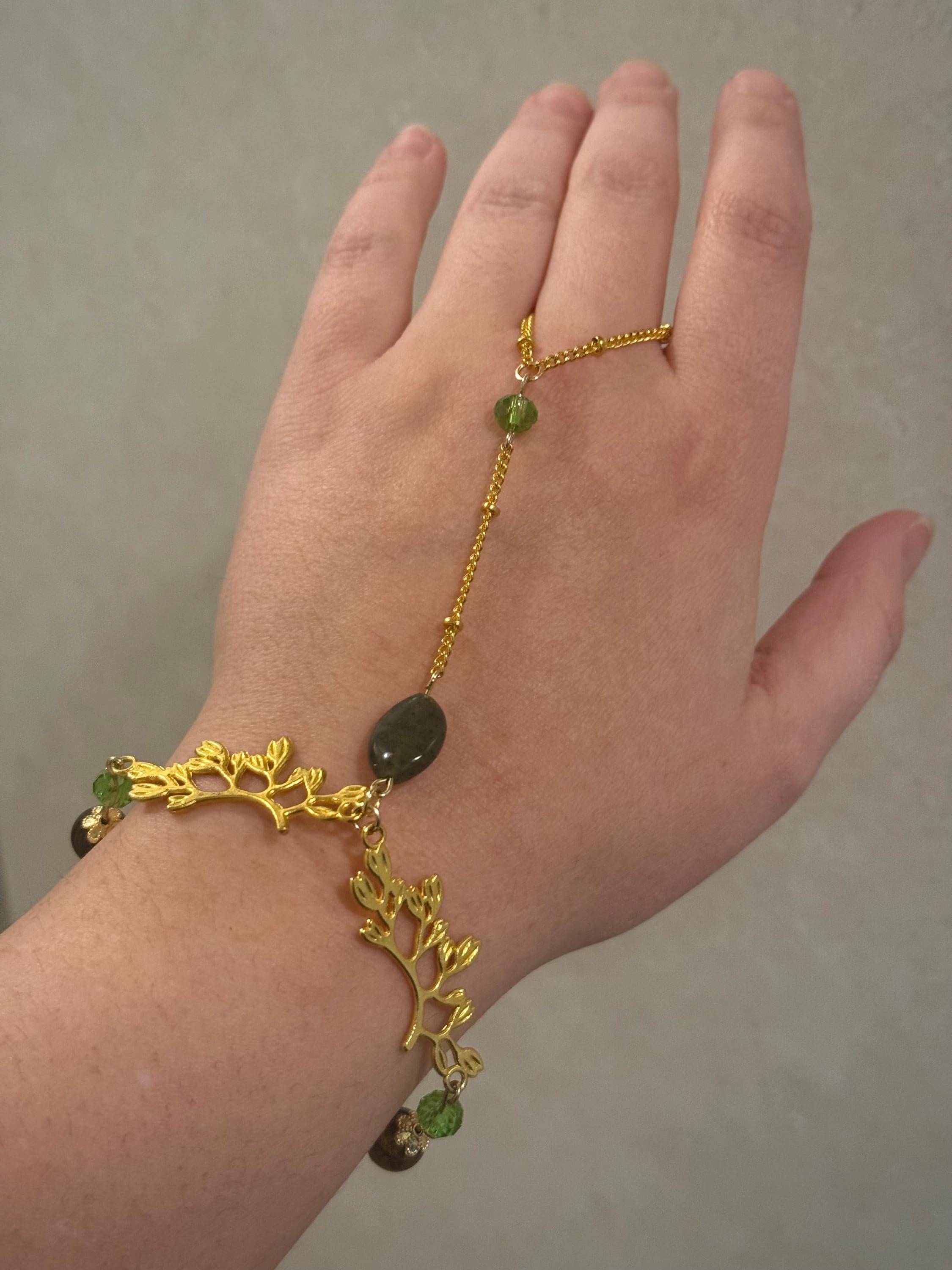Forest Nymph Tiger Eyes and Serpentine Hand Chain, Mystical Hand Accessory