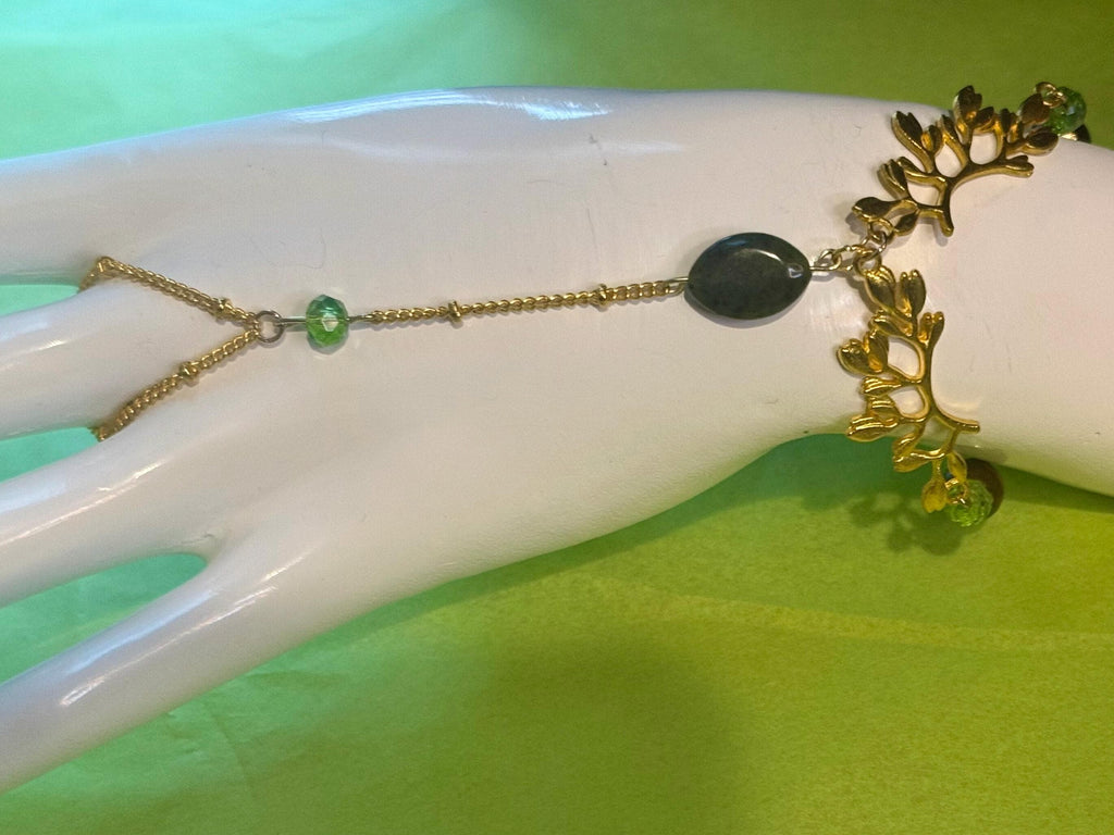 Forest Nymph Tiger Eyes and Serpentine Hand Chain, Mystical Hand Accessory